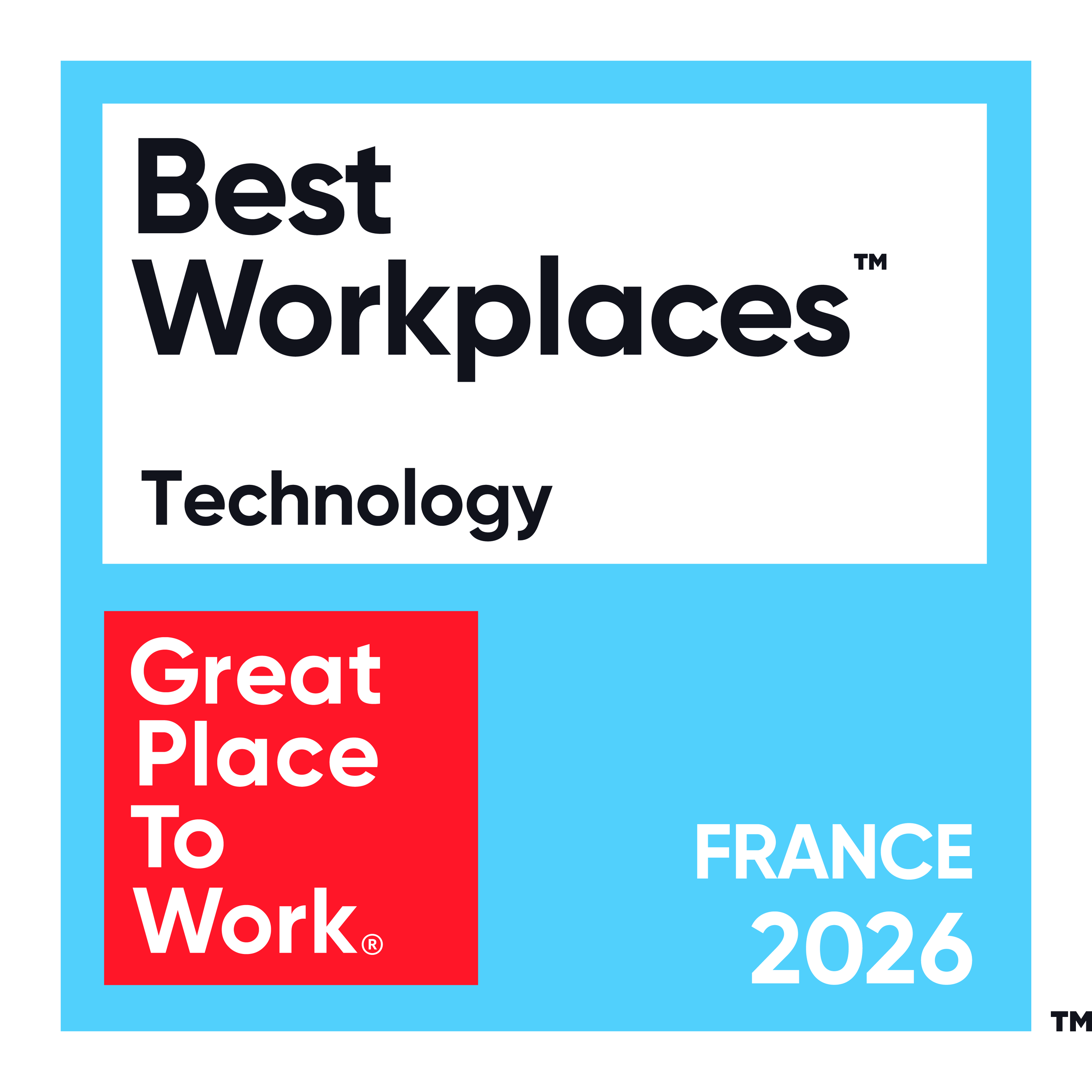 Logo de Best Workplaces à côté d'un logo de Great Place to Work, avec le texte '2026' et 'France' en bas à droite.