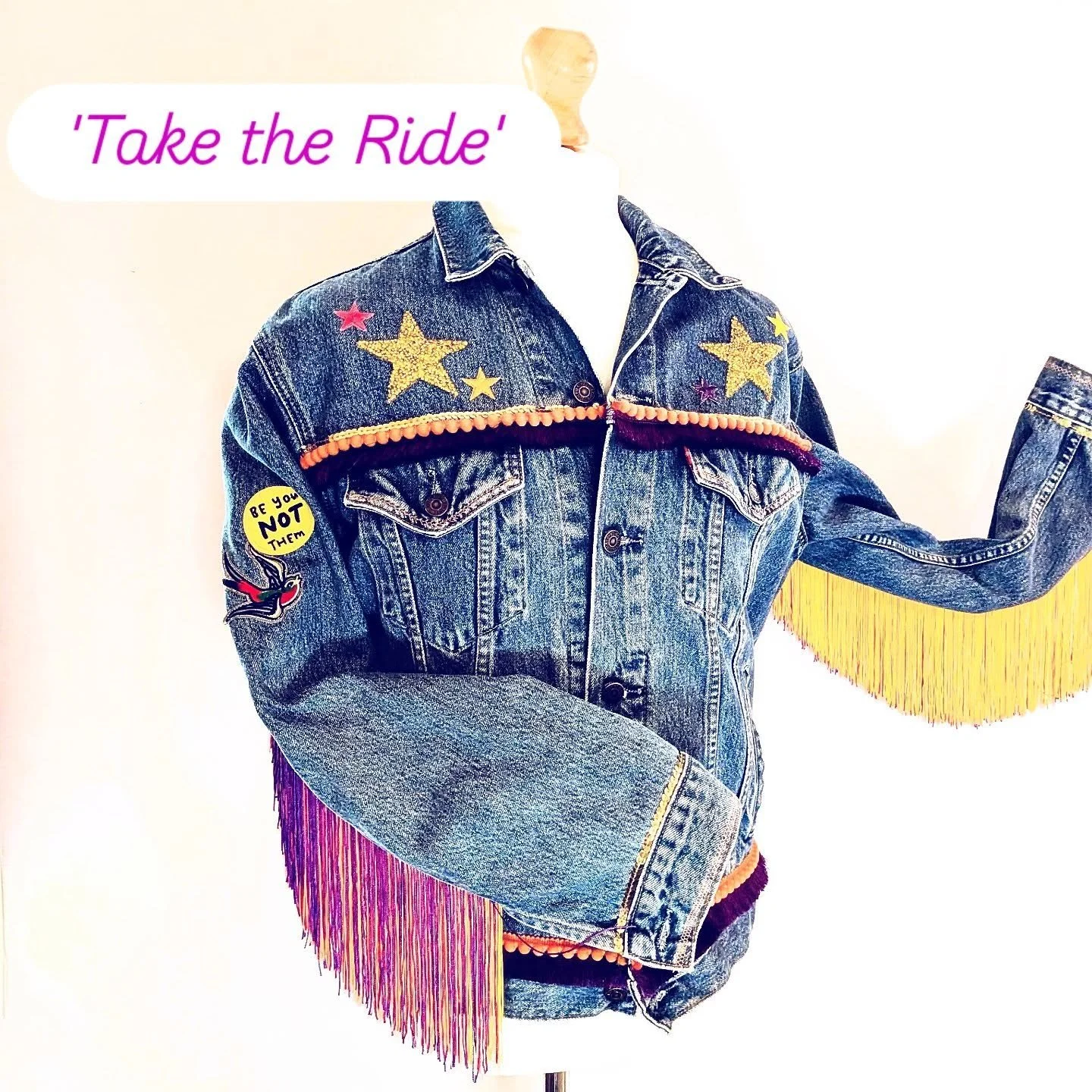 ✨ Take The Ride ✨ Jacket No. 25
(&ldquo;Let Me Be Your Fantasy&rdquo; &ndash; Baby D)

The commission? To spread our wings and fly away &mdash; made for the dreamers and the doers. ⚡️

This one carries his spirit: regal purple, golden stars, and suns