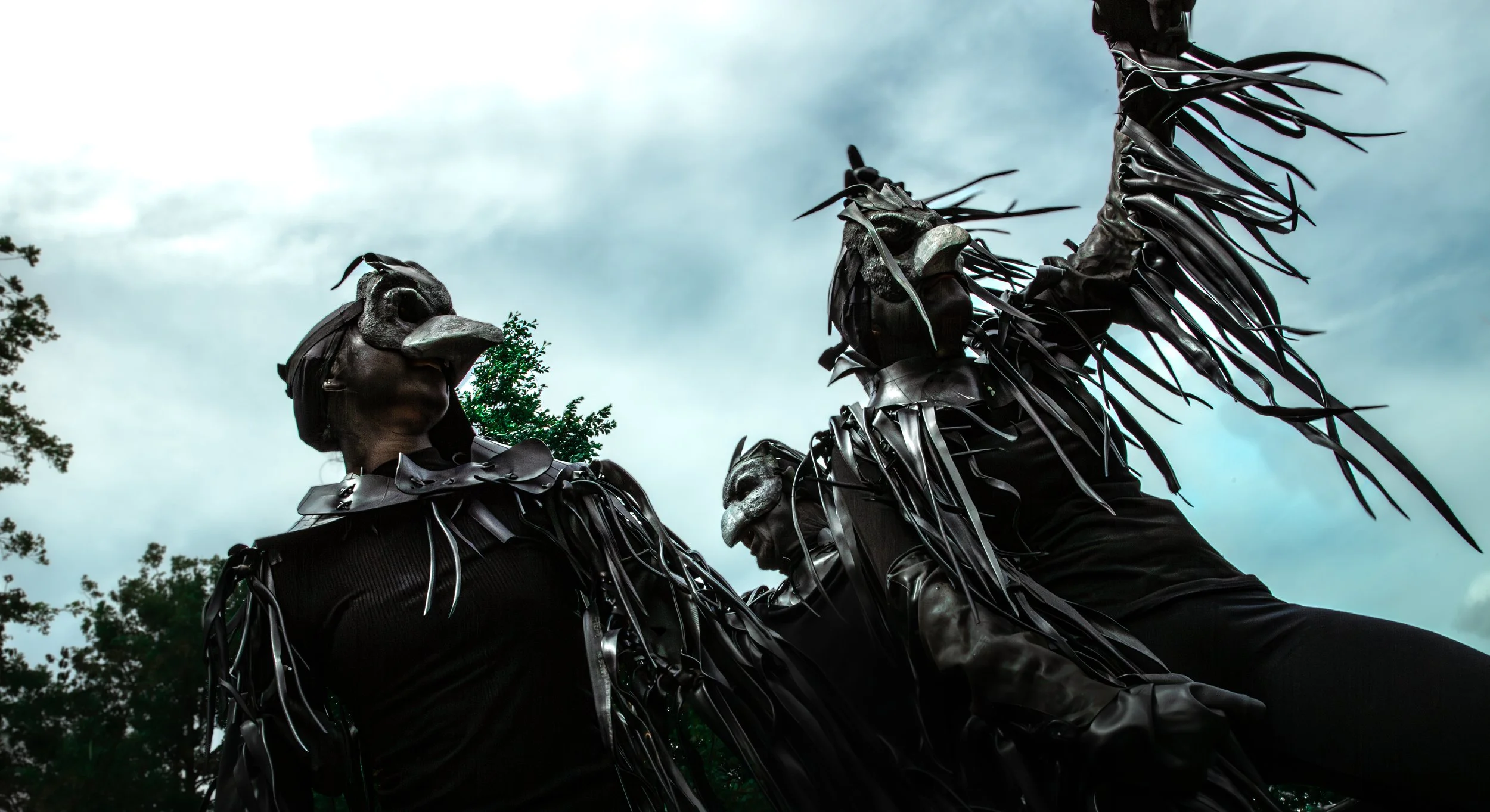 Drie performers in maskers en vogelkostuums, maken een dans of act outdoors tegen een bewolkte hemel en groene bomen.