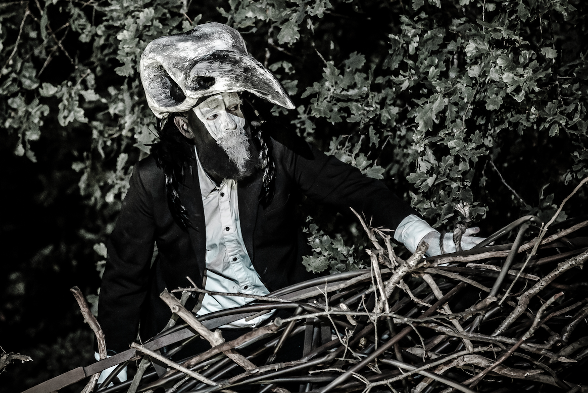 Persoon met een maskerdierhoofd en schmink, gekleed in een zwart pak, in een bos, die zich tussen takken bevindt.
