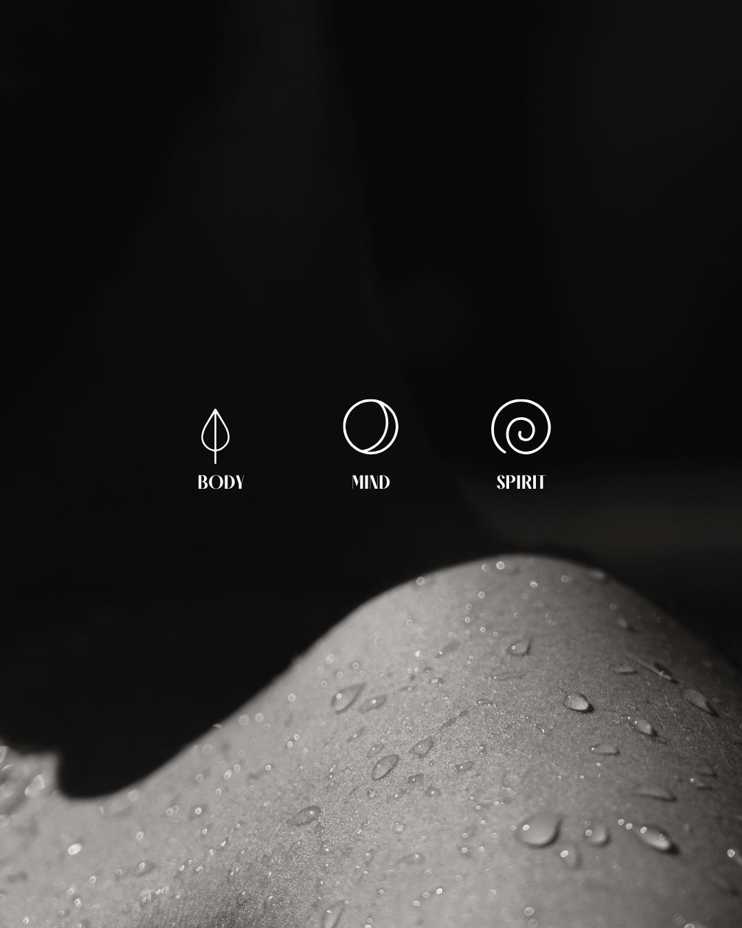 Minimalist digital interface with icons labeled Body, Mind, Spirit over a black background, and a close-up of water droplets on a surface below.