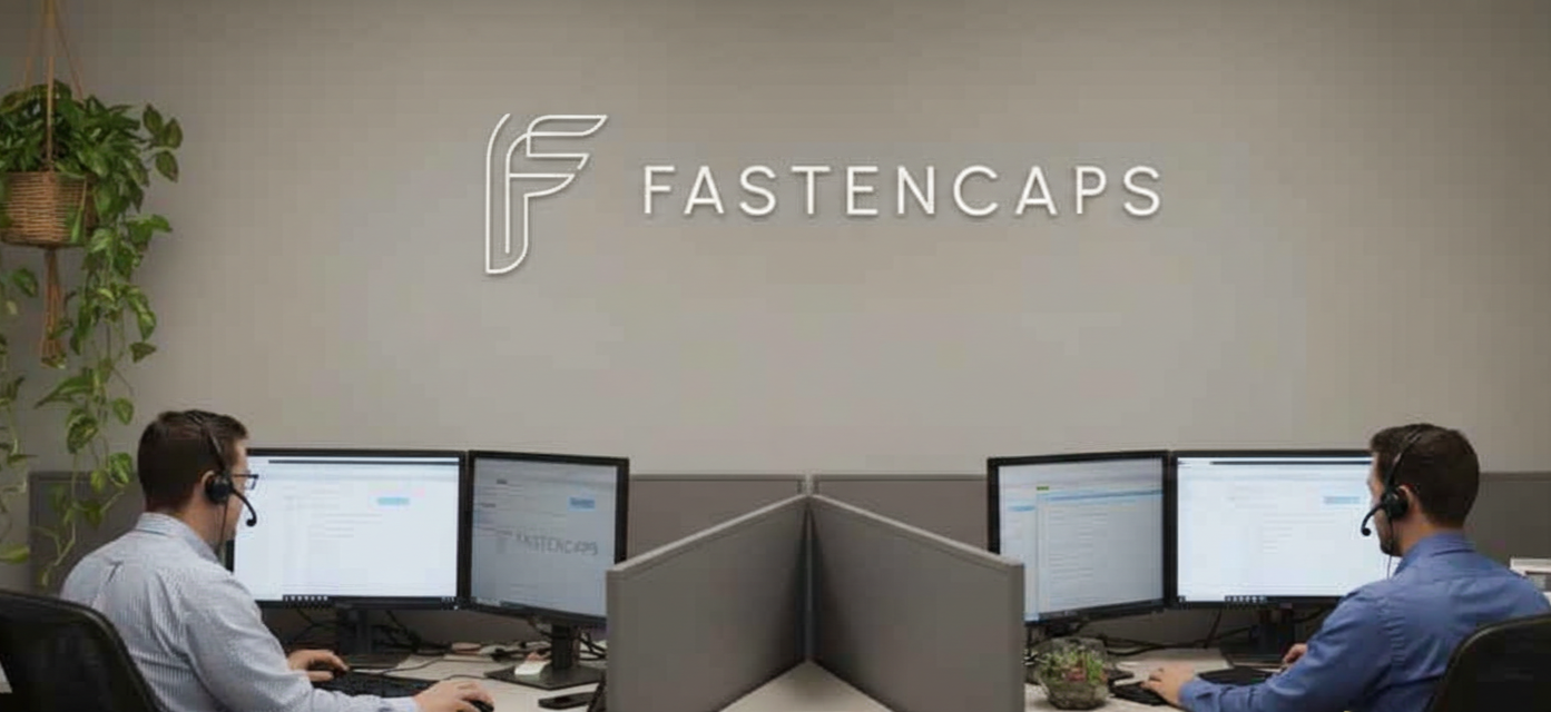 Two customer service agents sitting at computers with dual monitors, working in an office, with a FastCaps logo on the wall behind them.