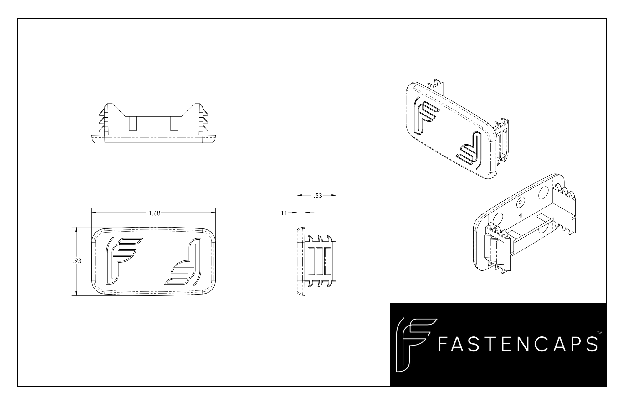 Technical drawing of a cardholder with dimensions, logo, and structure details, labeled as FASTENCAPS.