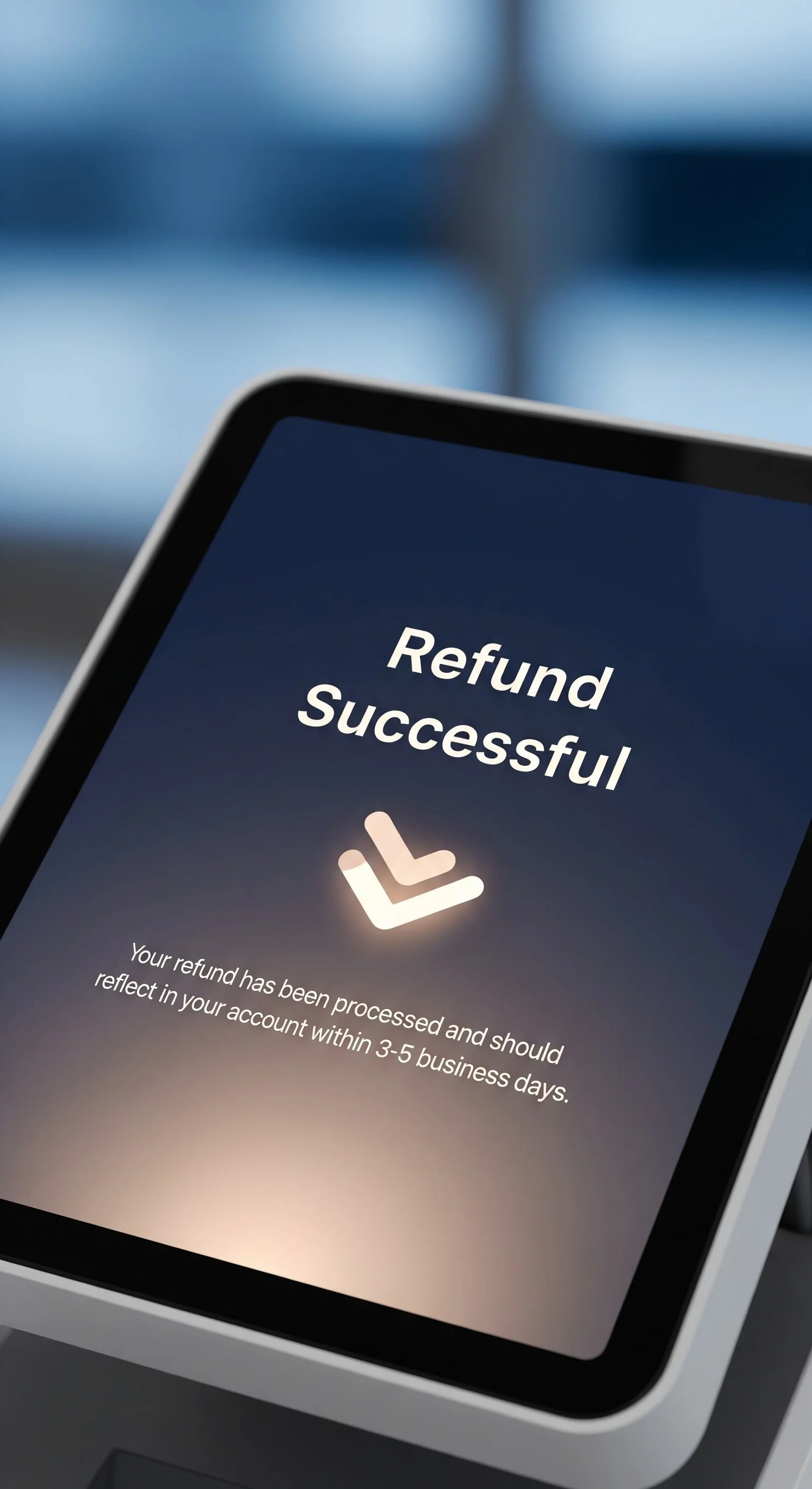 A smartphone screen displays a message confirming a successful refund, with the text 'Refund Successful' and a check mark symbol, along with details about refund processing time.