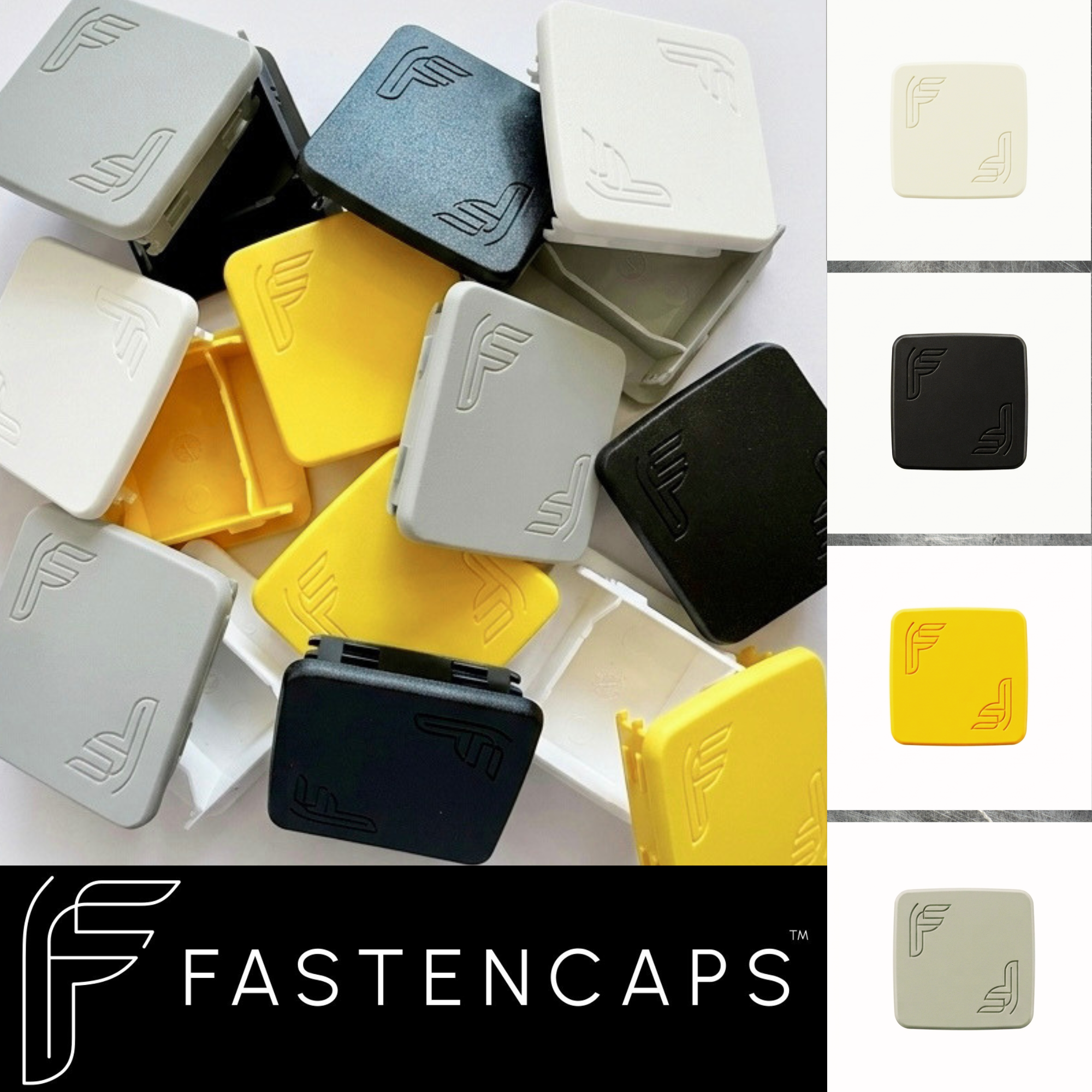 A collection of colorful Fastex caps, with colors including white, blue, black, yellow, and beige, arranged in a pile. The caps have a textured surface and the Fastex logo embossed on them.