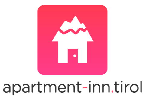 Logo for Apartment Inn Tirol featuring a stylized house with a mountain roof, pink background, and text 'apartment-inn.tirol' in black and pink.