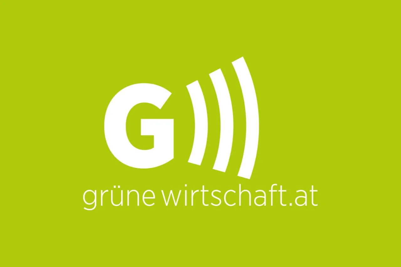 Green background with a white logo of a stylized speech bubble and the letters 'G' and 'W'. Text below reads 'grüne wirtschaft.at'.