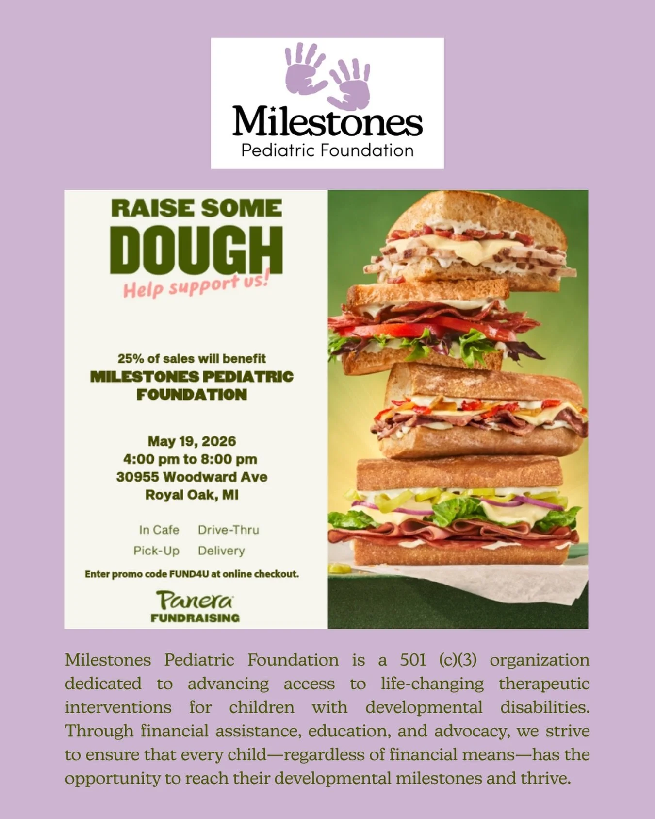 ✨SAVE THE DATE ✨

For our first fundraiser of the year! 

When: Tuesday, May 19th 
Time: 4-8 pm 
Where:  Woodward Corners Plaza 
30955 Woodward Ave, Royal Oak, MI
How: Use code FUND4U inside the cafe, drive through, pick up, or delivery

25% of sales