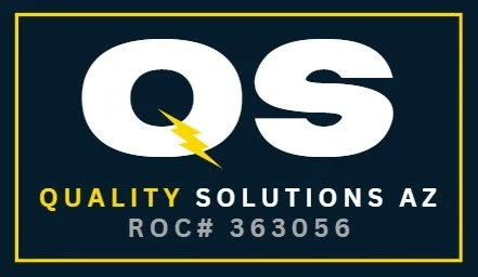 Logo for Quality Solutions AZ with large white initials Q and S, yellow lightning bolt, yellow text 'QUALITY SOLUTIONS AZ', and gray ROC number 363056 on a dark background surrounded by a yellow border.