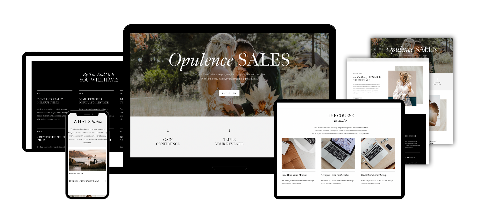 Multiple website screens and a mobile phone display a marketing page for Opulence Sales, with a wedding couple in the background and text about courses and confidence training.