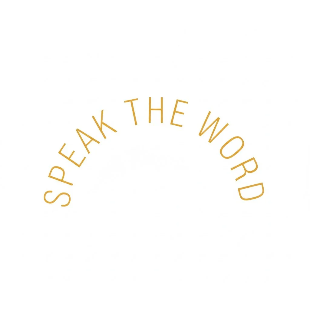 Text reading 'Speak the Word' in a curved arrangement with gold color on a white background.