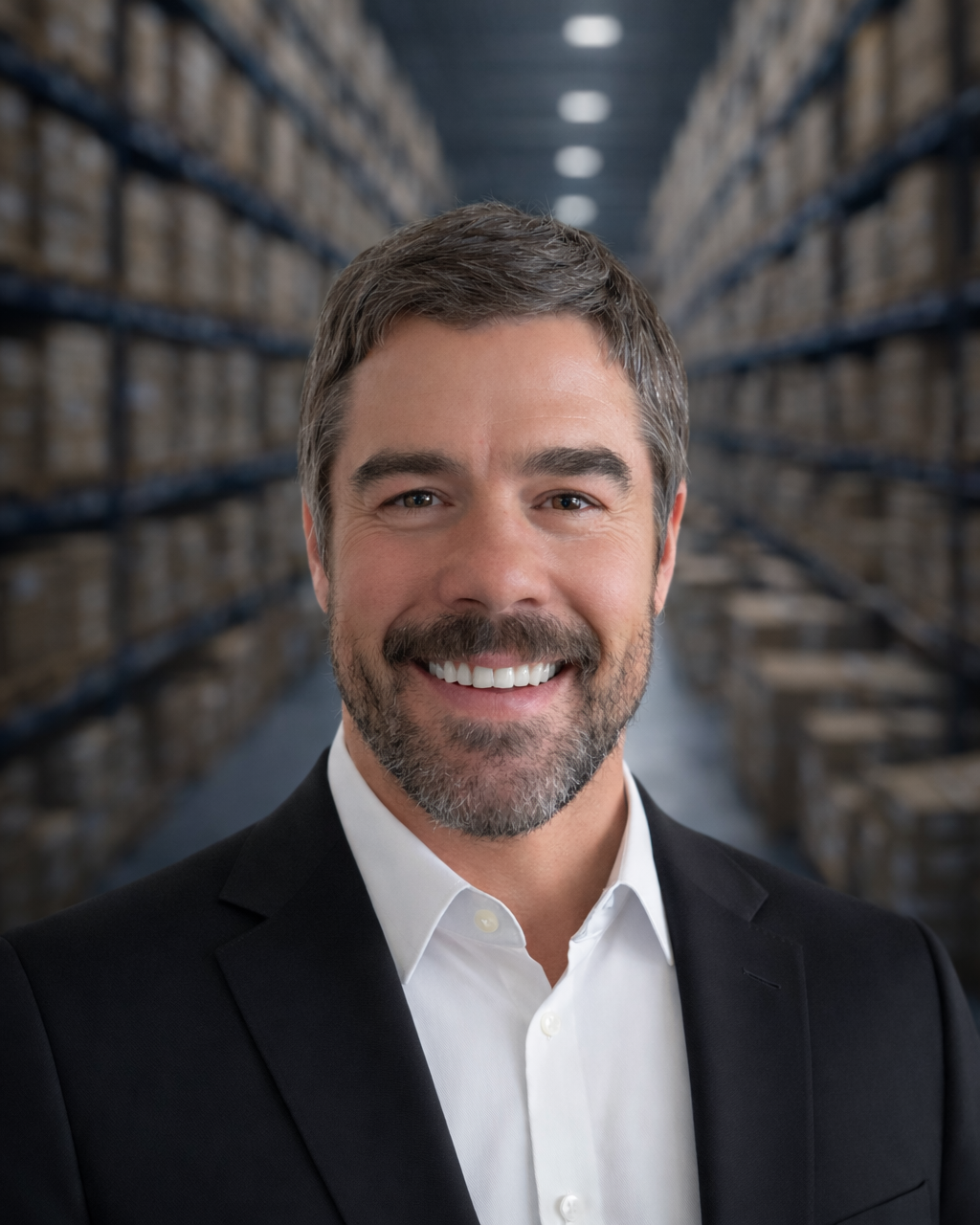 A smiling man in a business suit with a warehouse filled with shelves of boxes in the background.