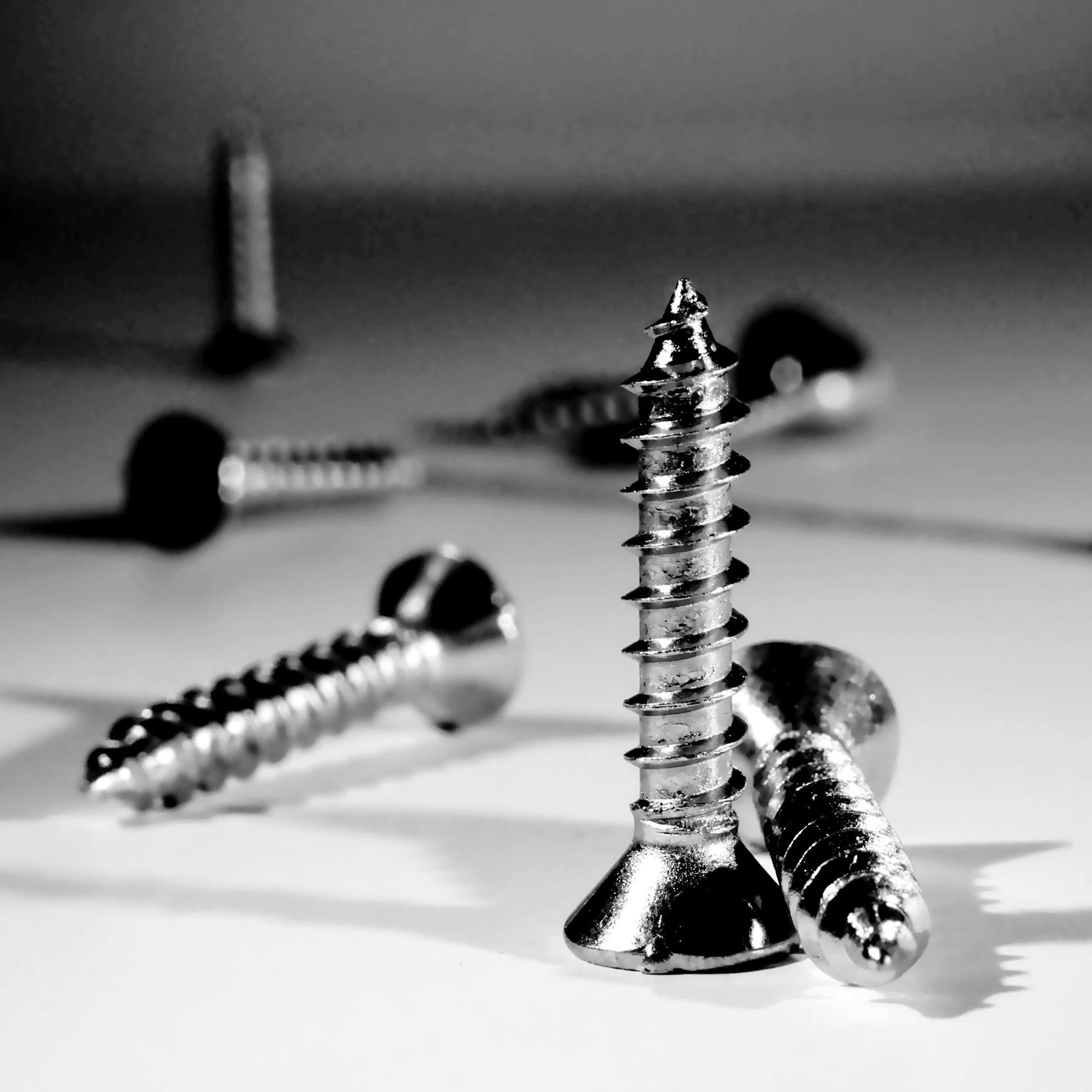 Close-up photo of several metal screws, some lying down and one standing upright, with a blurred background in black and white.