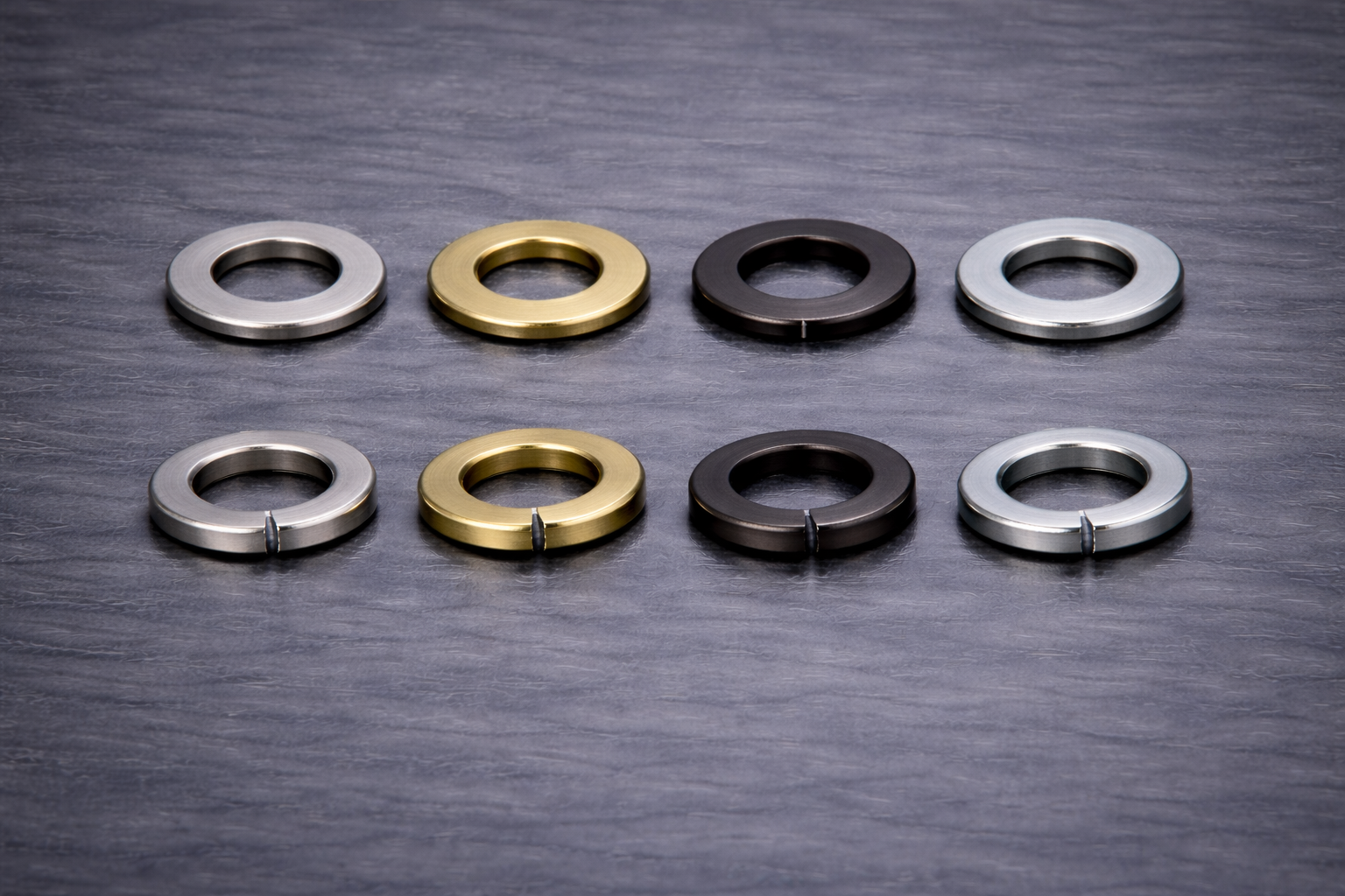 Eight metallic washers in silver, gold, and black colors arranged in two rows on a dark wooden surface.