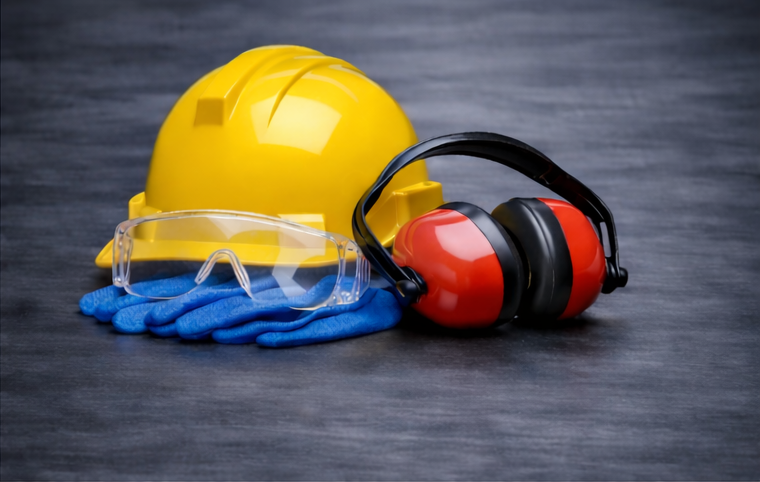 Safety gear including a yellow hard hat, clear safety glasses, blue gloves, and red earmuffs on a dark surface.