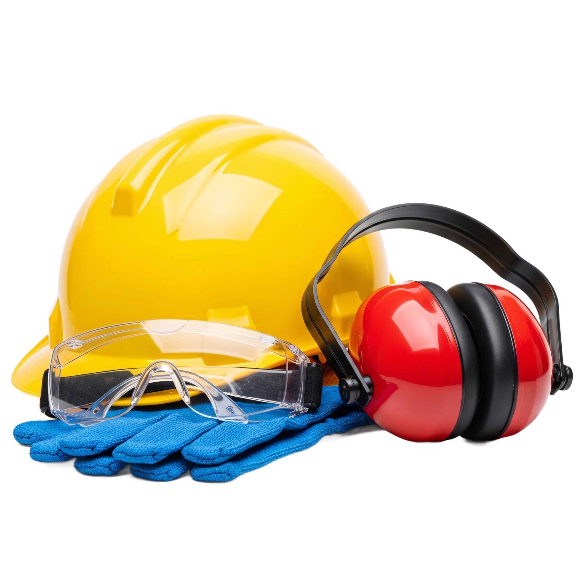 Construction safety helmet, safety goggles, gloves, and hearing protection on white background.