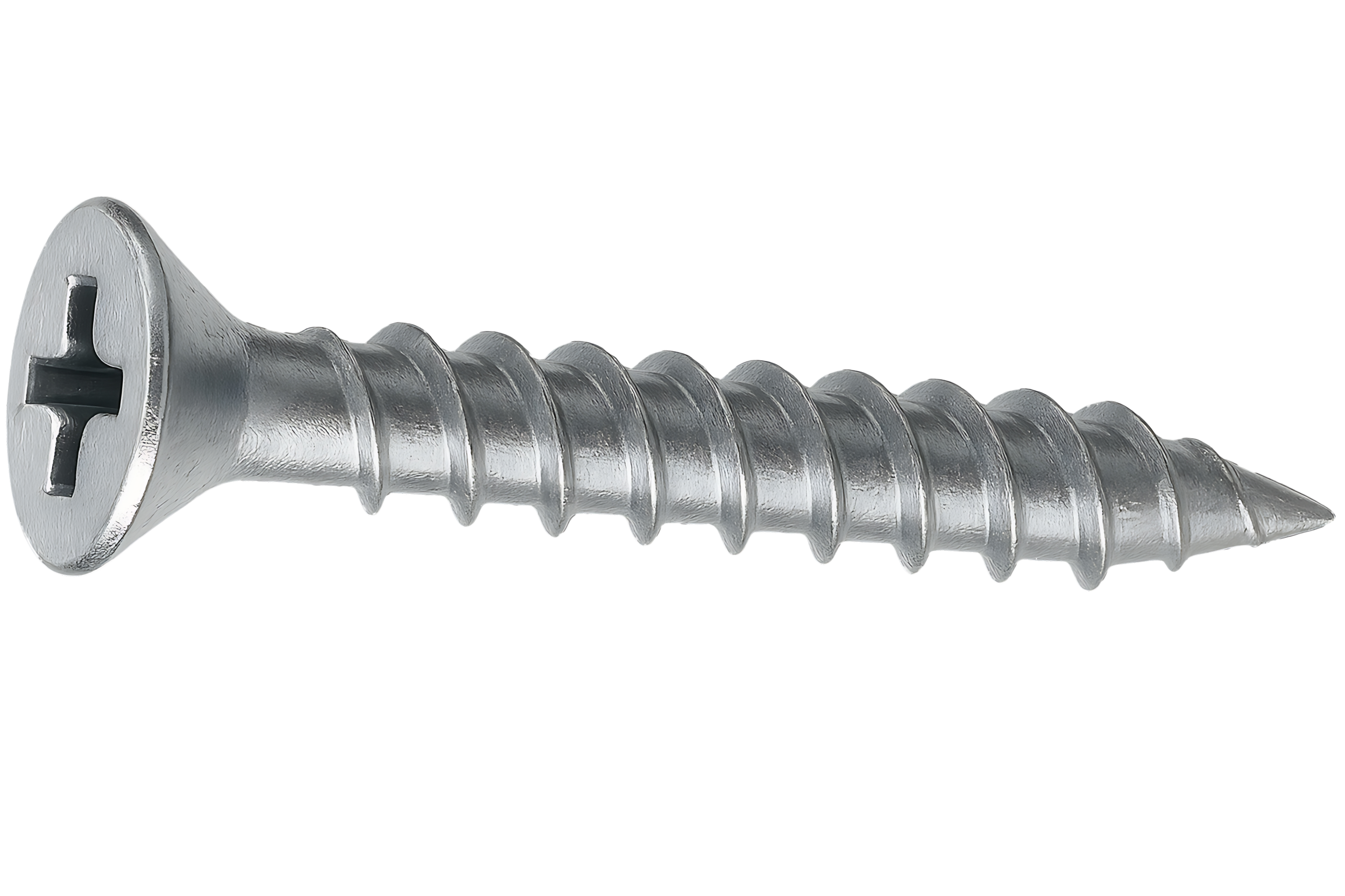 Close-up of a silver metal screw with a flat, cross-shaped drive head and helical threads.