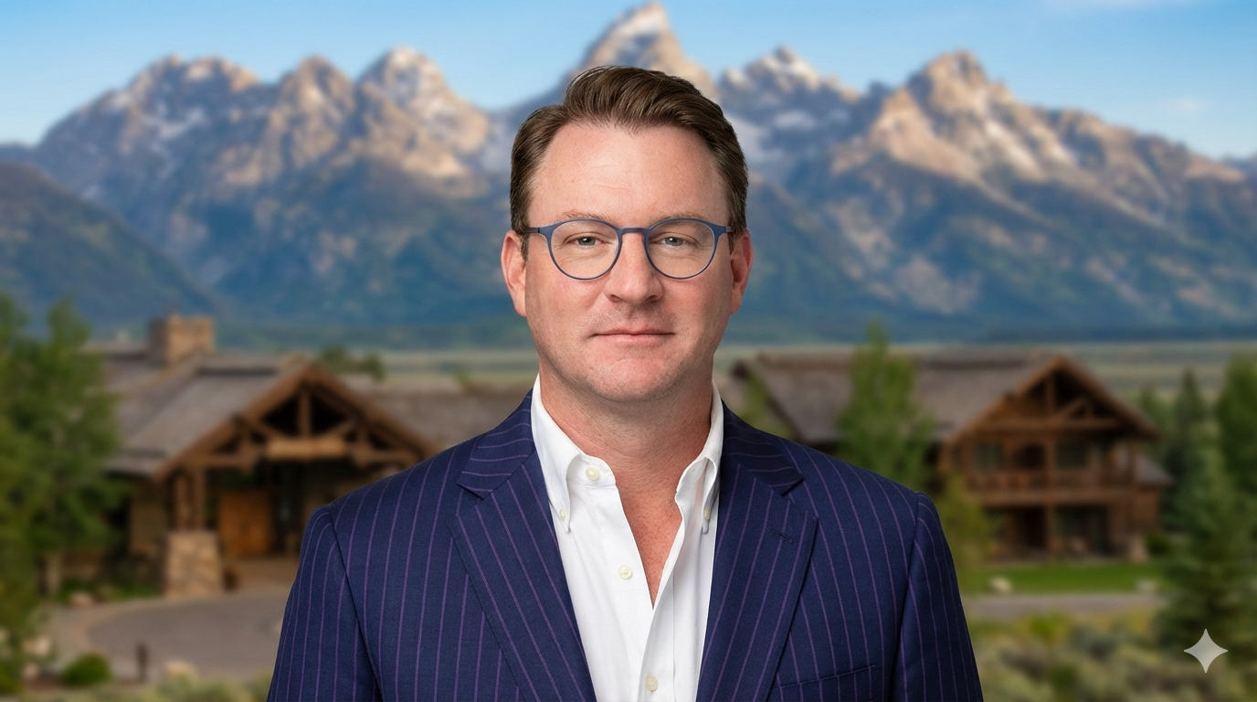 A man wearing glasses and a dark blue pinstripe suit standing outdoors with a mountain range and log houses in the background.