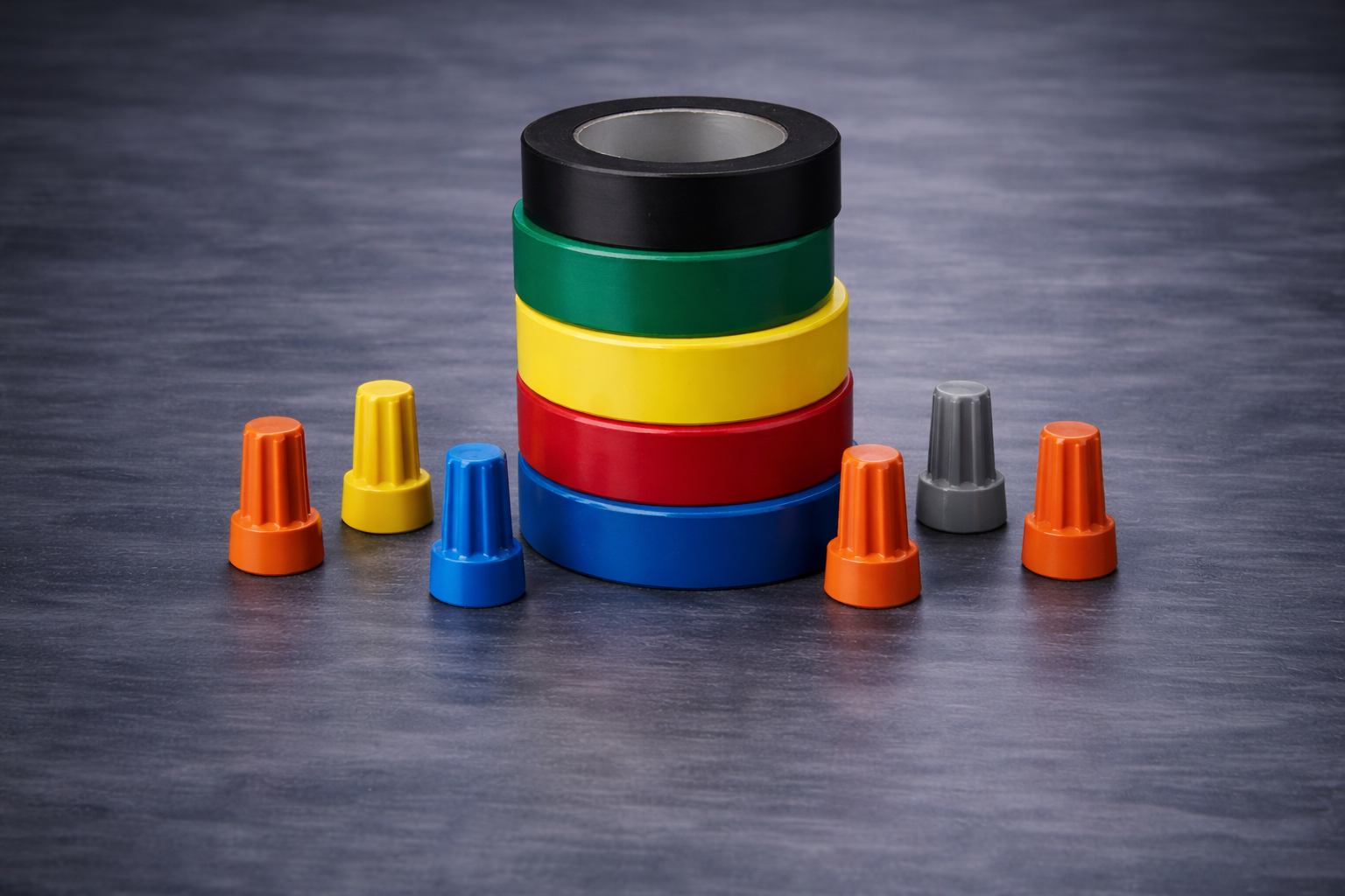 Colorful stacking game with rings in black, green, yellow, red, and blue, and orange, yellow, blue, gray, and orange cone-shaped pieces on a dark wooden surface.