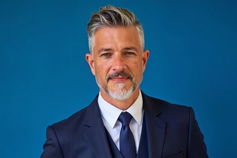 A confident middle-aged man with gray hair and a beard wearing a dark suit, white shirt, and dark tie standing against a blue background.