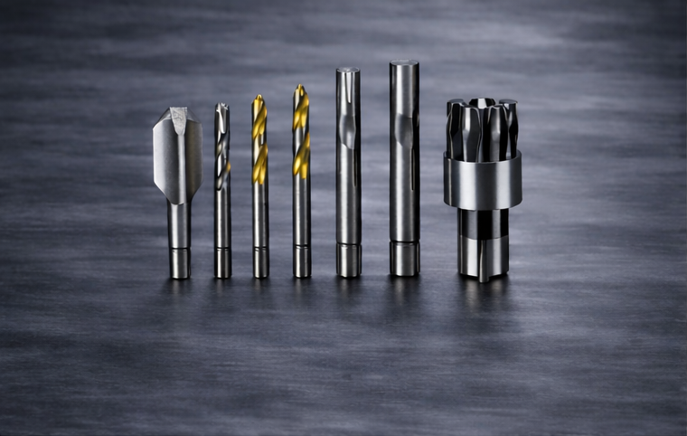 Set of metal drill bits of varying sizes on a dark wooden surface.
