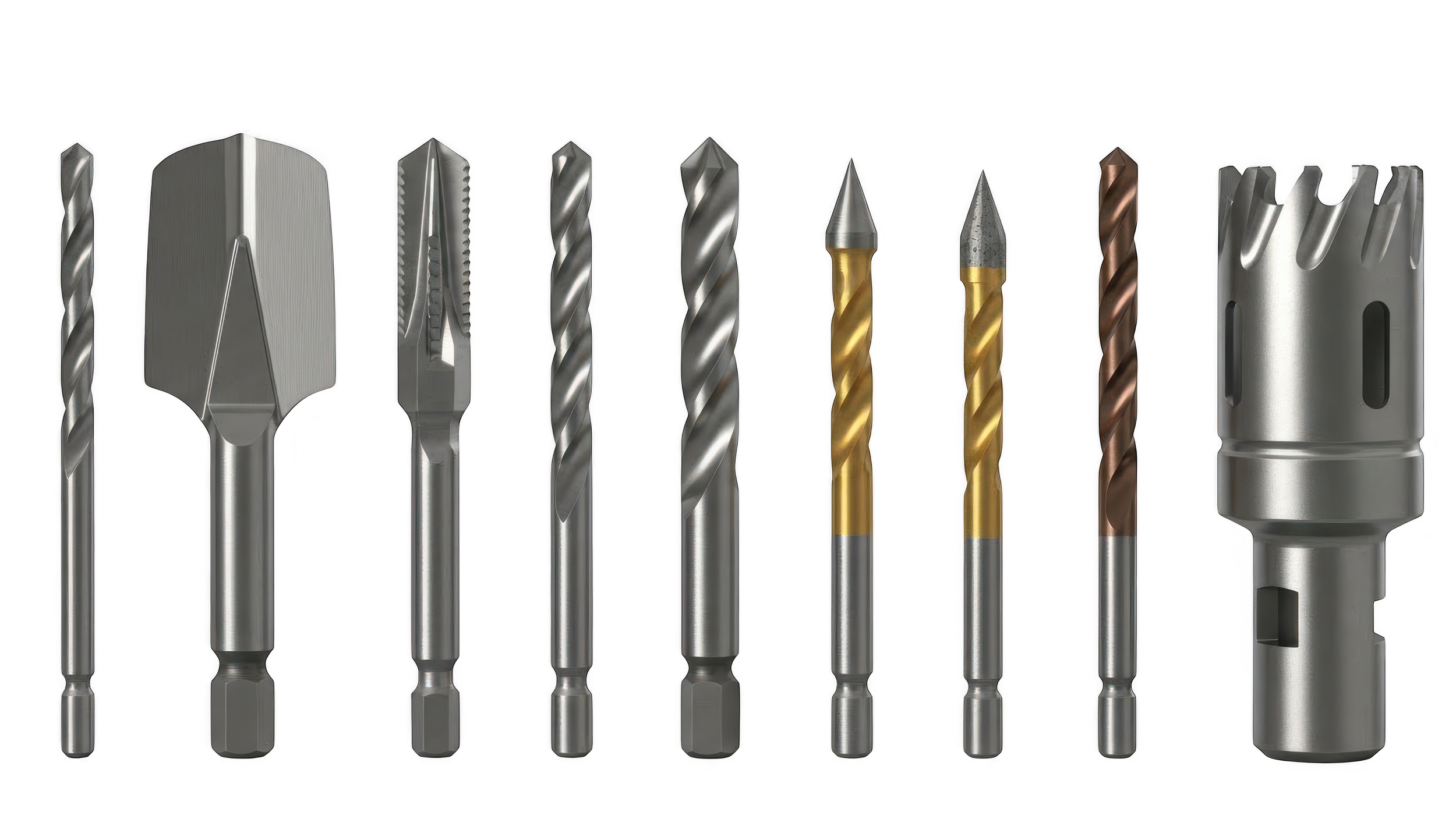 Set of various drill bits and a hole saw bit arranged in a row.