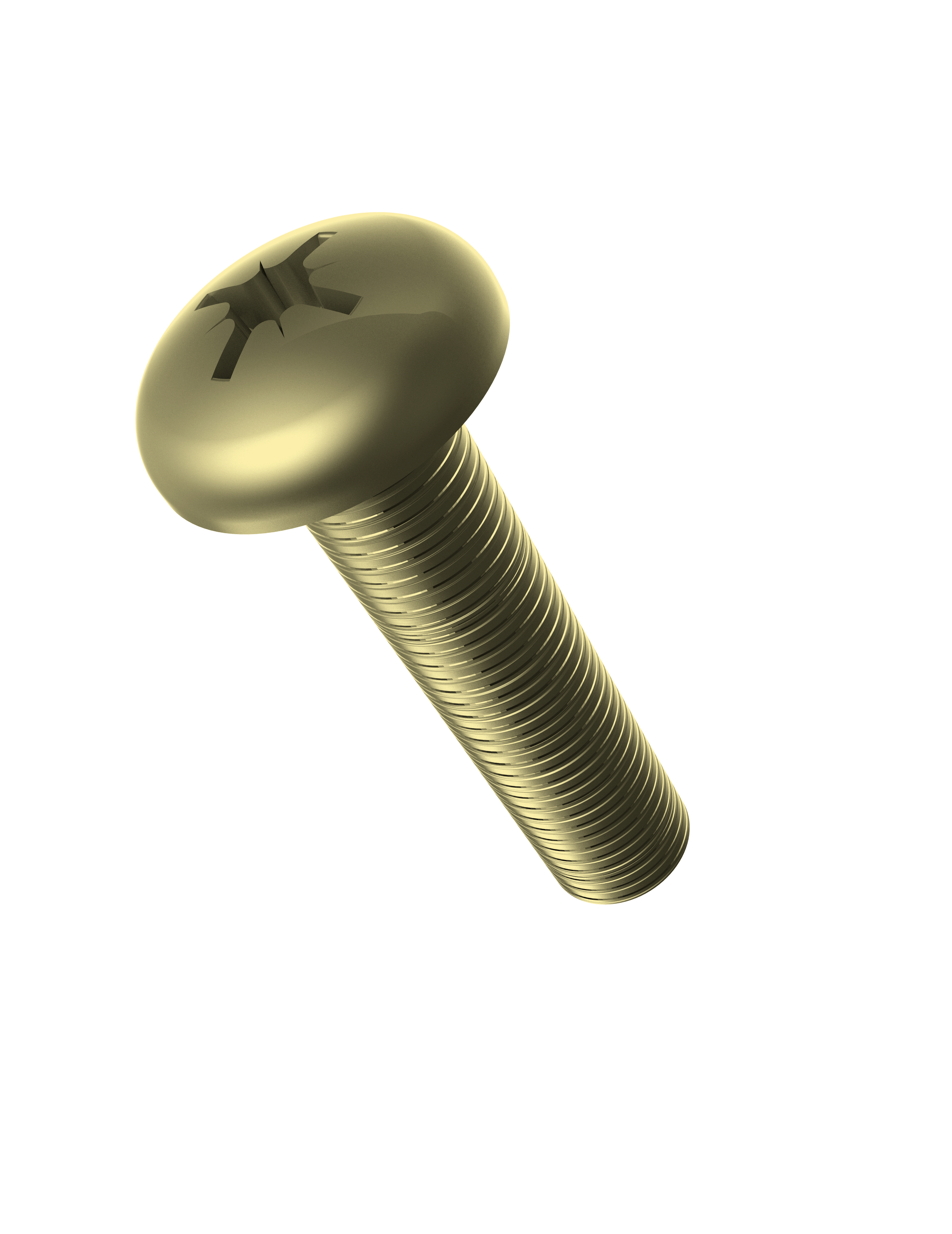 A close-up of a metallic screw with a Phillips head, isolated on a black background.
