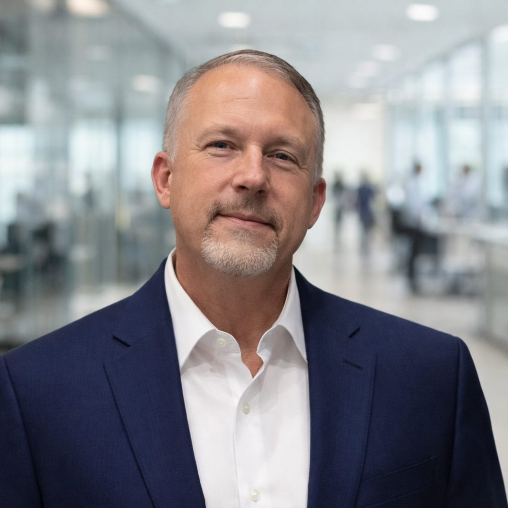 A middle-aged man with short gray hair and a beard wearing a dark blue suit and white shirt, standing in a modern office or conference center.