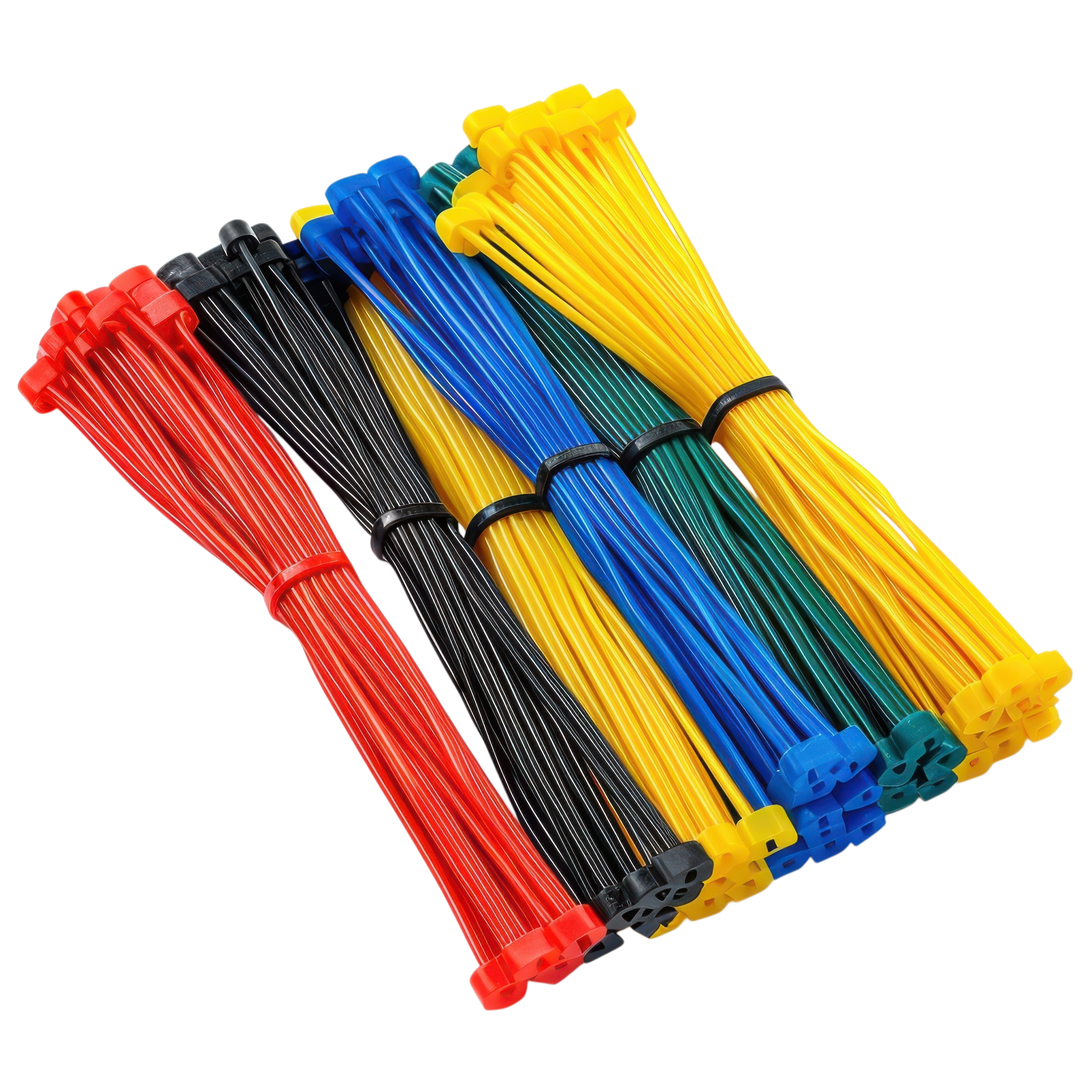 Bundles of multicolored plastic zip ties arranged in a fan shape on a white background.