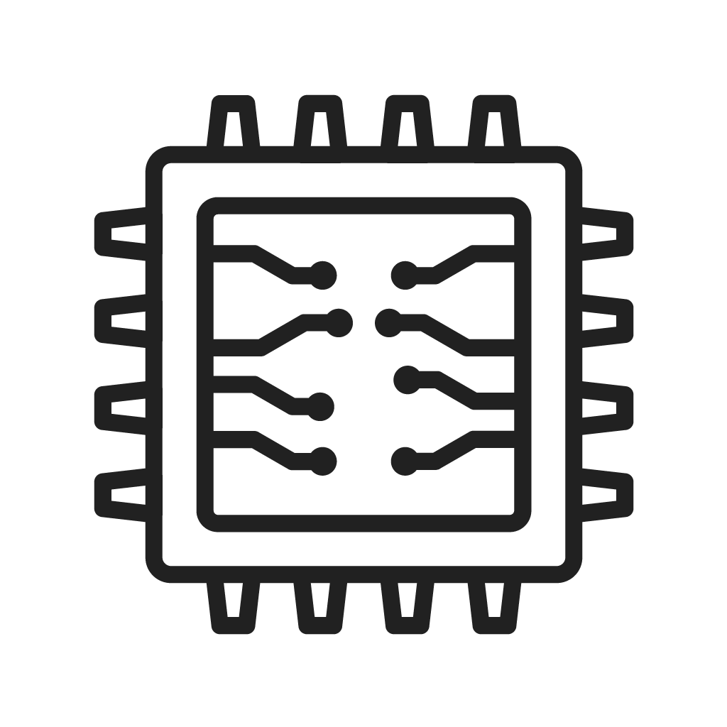 Outline of a computer processor chip with circuit lines inside.