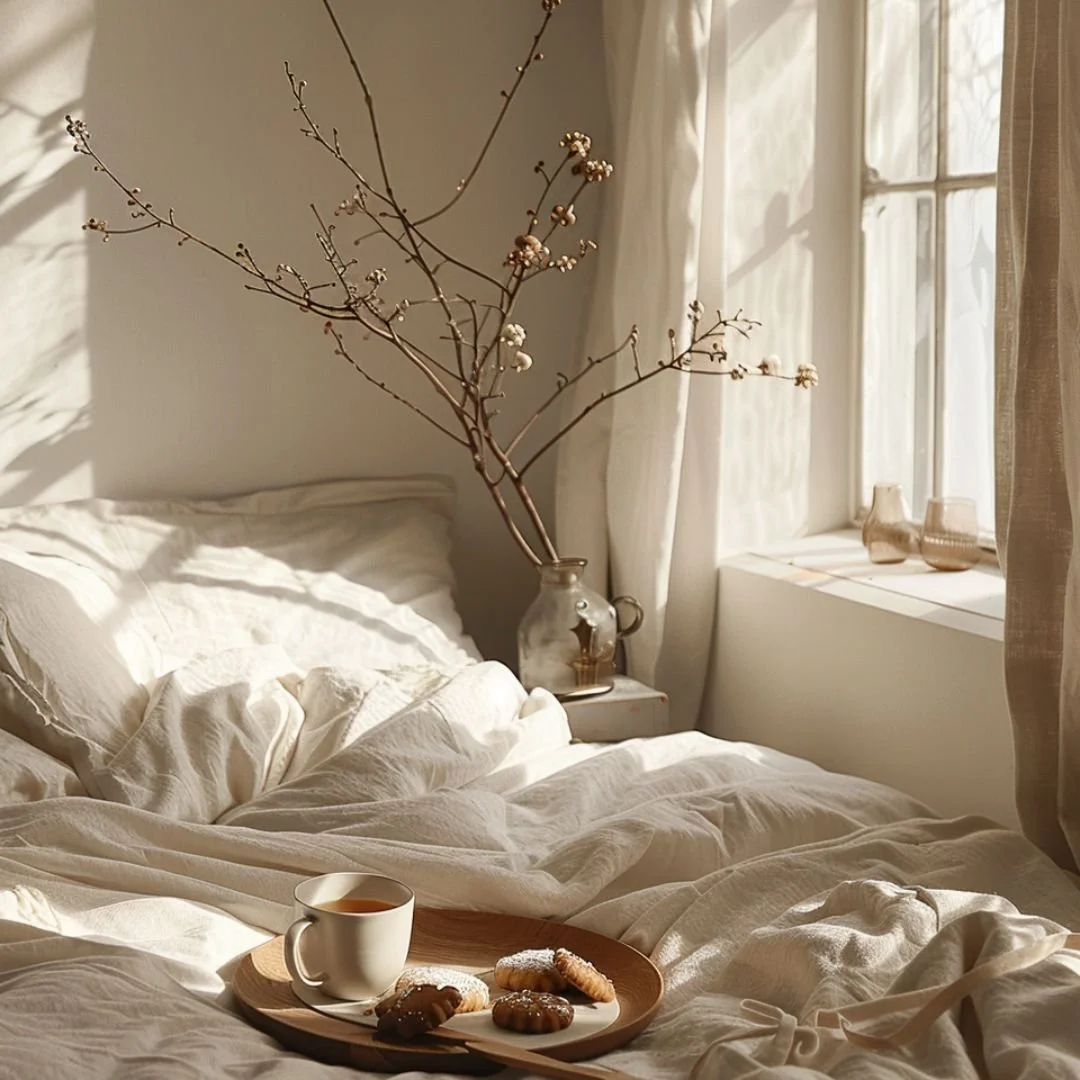 Sunlight streaming through a window onto a cozy bed with white linens, a plate with cookies and a cup on it, and decorative vases on the windowsill