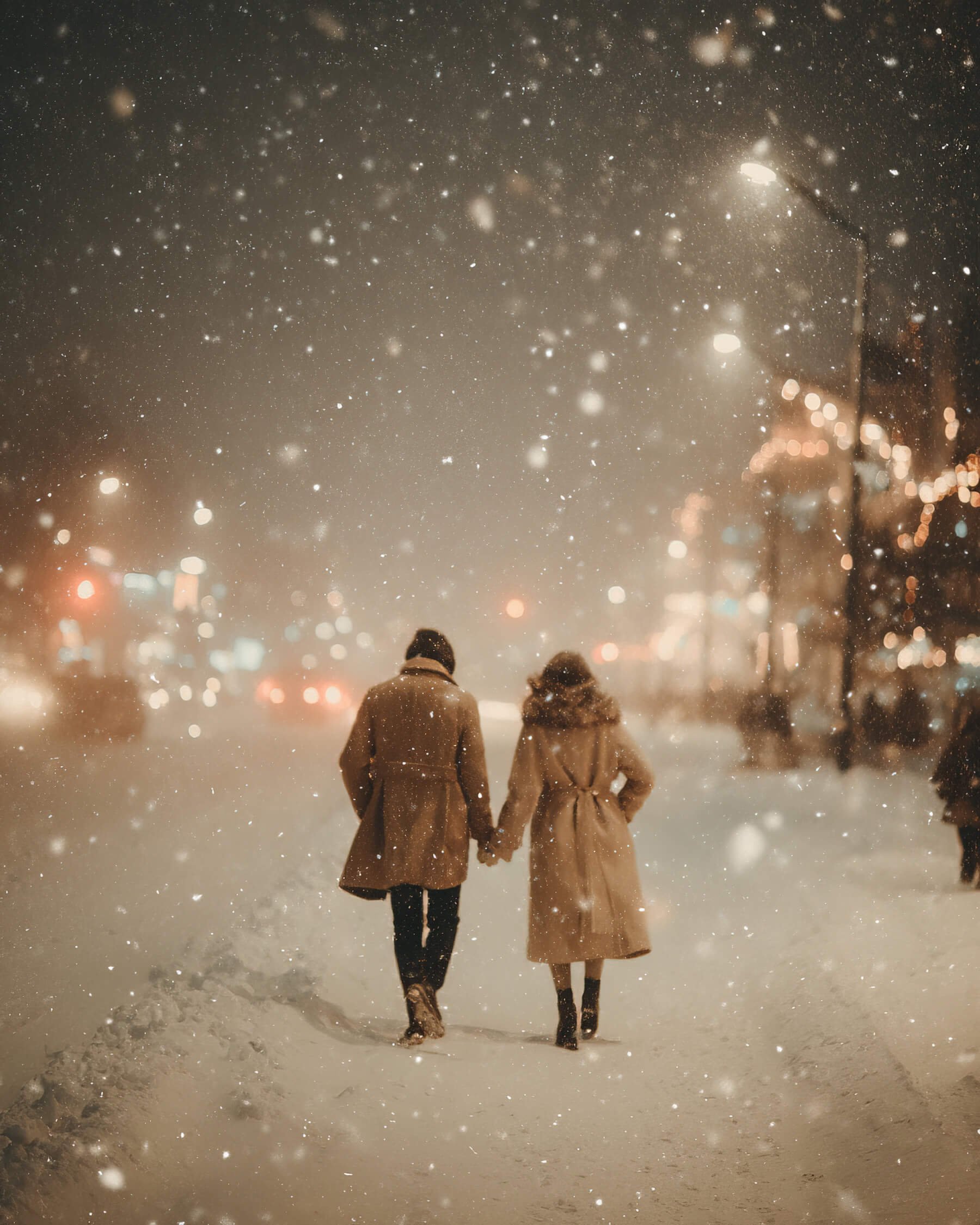 A couple wearing coats walking hand in hand on a snowy street at night, with snowfall and blurred city lights in the background.