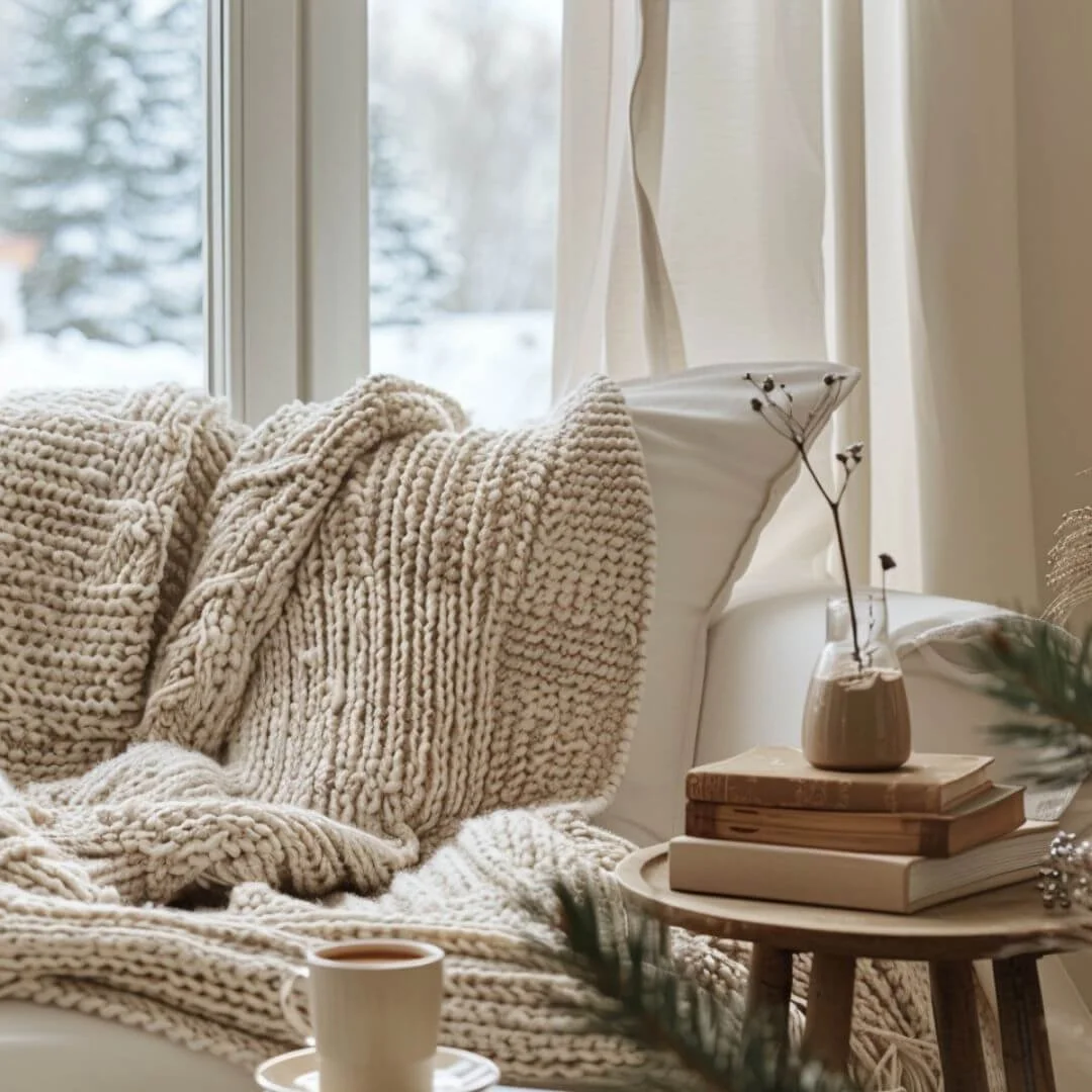 Cozy living room with cream knit blankets, a white pillow, a small round wooden side table with a beige vase holding dried branches, stacked notebooks, and a cup of coffee during winter, with snow visible outside the window.