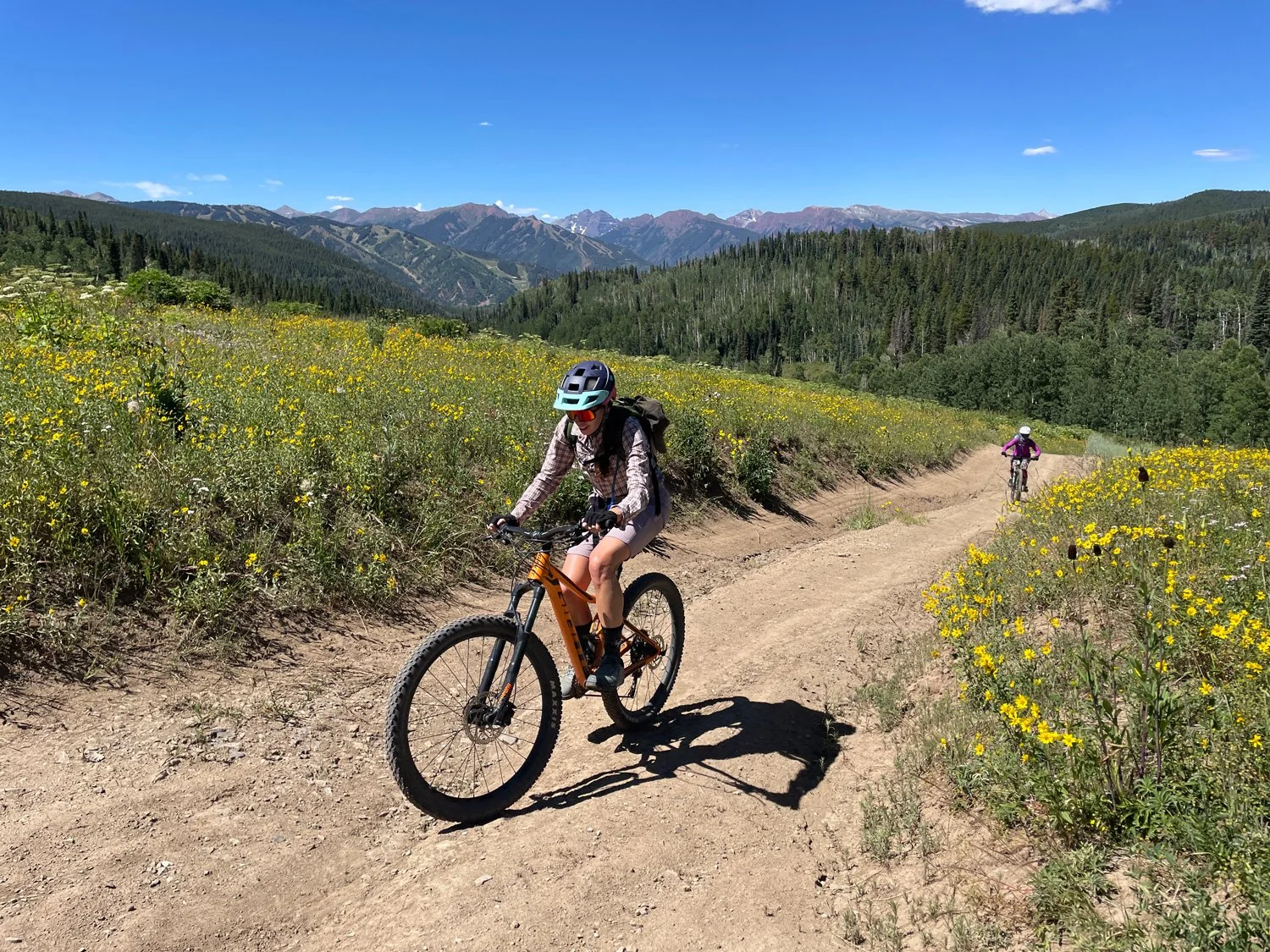Two women mountain biking on a dirt trail through yellow wildflowers in a mountain landscape under a blue sky.