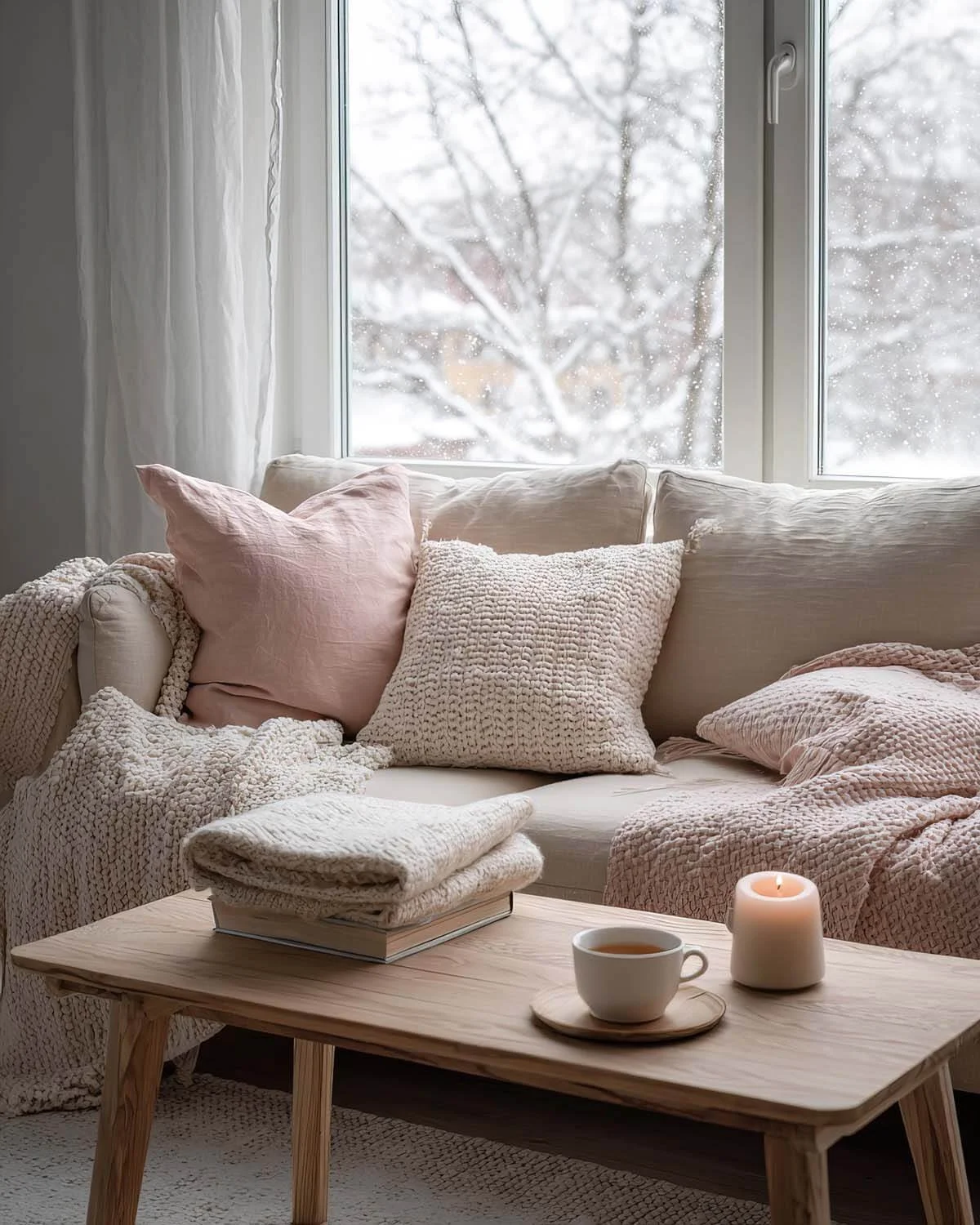 Cozy living room with beige sofa adorned with pink and beige textured pillows, blanket, and a soft throw. A wooden coffee table holds a stack of folded blankets, a cup of tea on a saucer, and a lit candle. Snowy scene visible outside through large window.