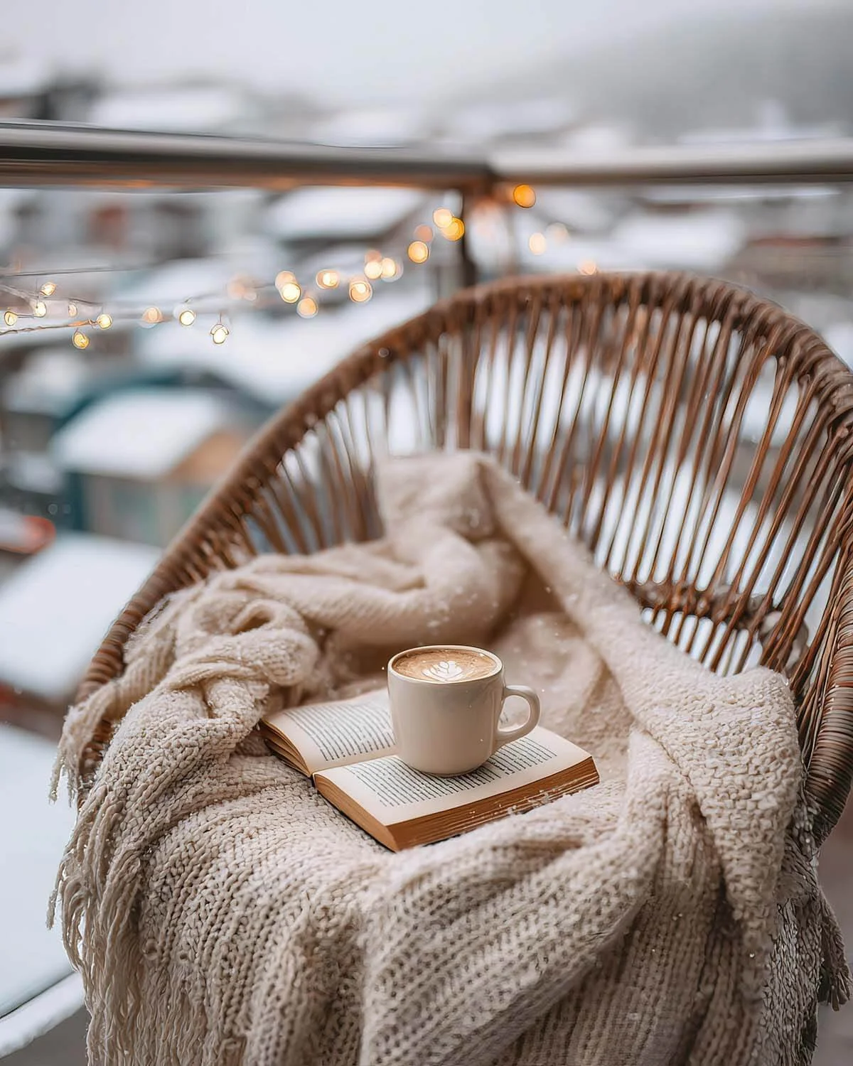 A cozy outdoor balcony scene with a wicker chair covered in a cream-colored blanket, a book, and a cup of coffee, overlooking a snowy landscape with blurred houses and string lights.
