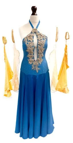 Blue and Gold Halter Neck Ballroom Dress