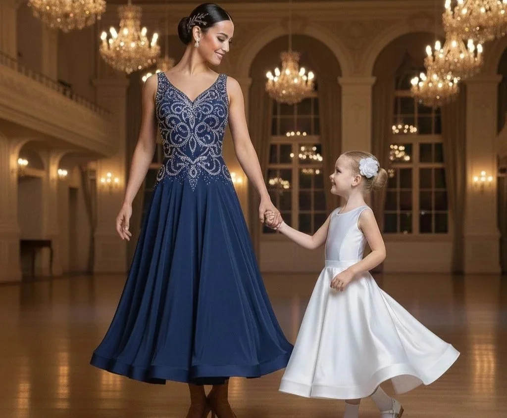 A dancer wearing an RDW Studio ballroom dress