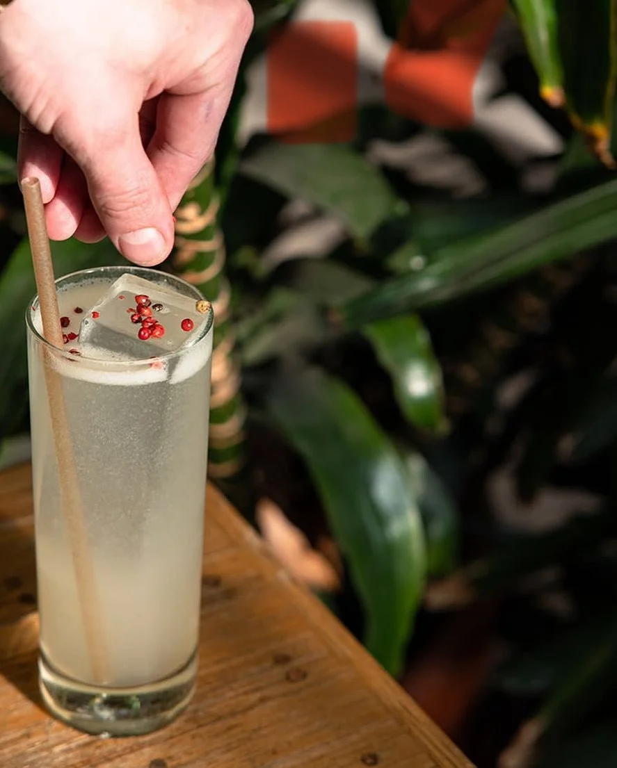A hand adds pink peppercorns to a tall glass of cold, fizzy lemonade with ice cubes, a straw, on a wooden surface, with green foliage background.