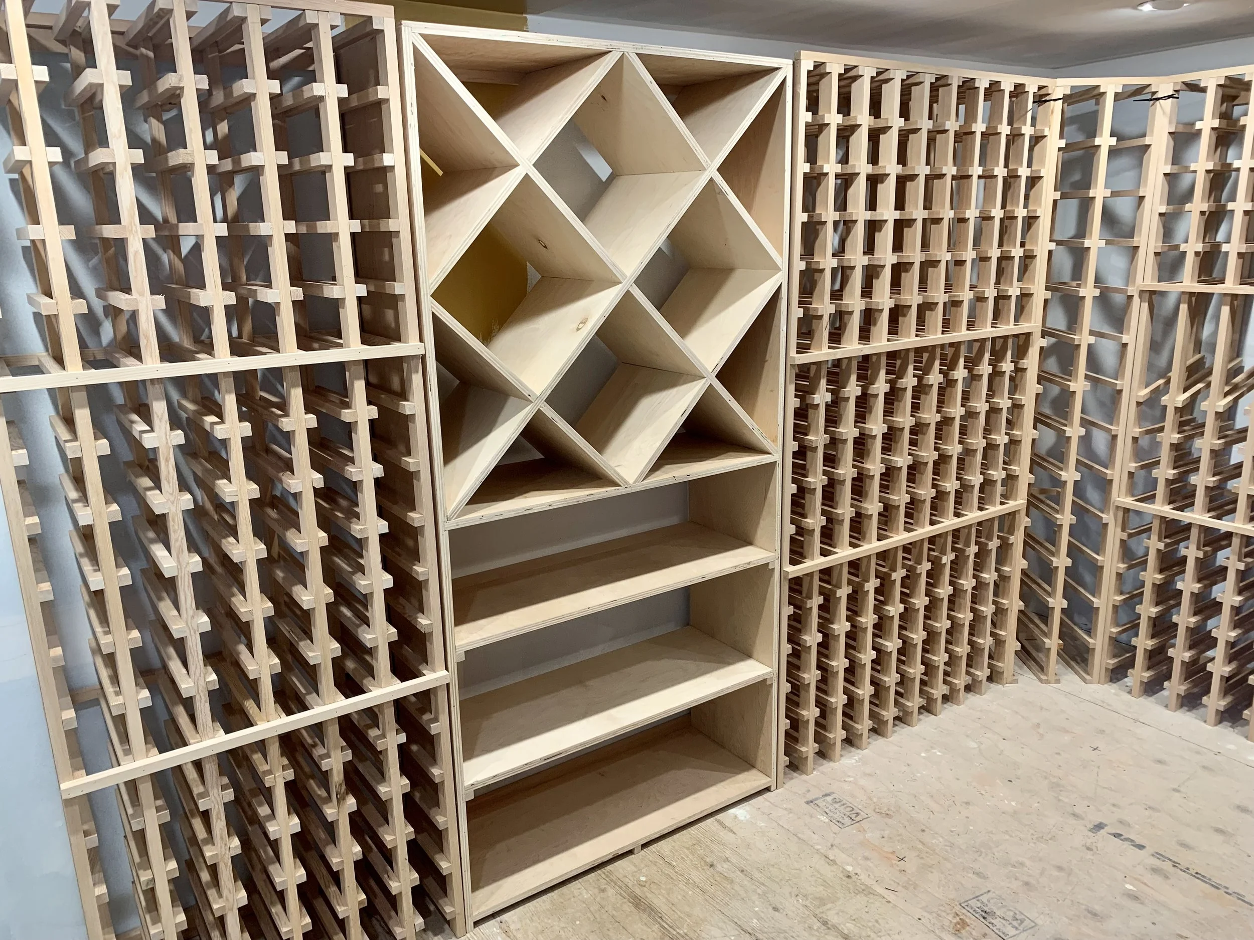 Step 6: Build all of the wine racks one at a time so they fit seamlessly in the room.  Bring them in the unfinished space prior to finishing to double check tolerances.