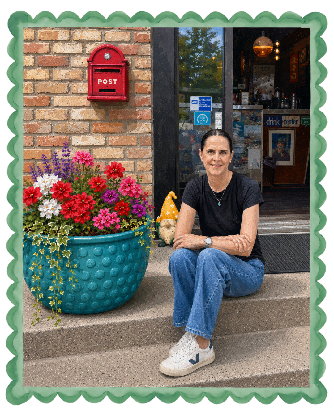A woman with dark hair sitting on concrete steps outside a building with a brick wall and glass door. She is smiling and wearing a black t-shirt, blue jeans, and white sneakers. To her left is a large teal planter with red, pink, white, purple, and green flowering plants. A red mailbox is attached to the brick wall above the planter, and a small decorative gnome is visible behind her.