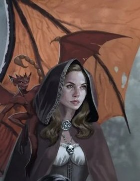 A woman in a cloak and gothic attire with a skull necklace, holding a red umbrella with a winged demon figure in the background.