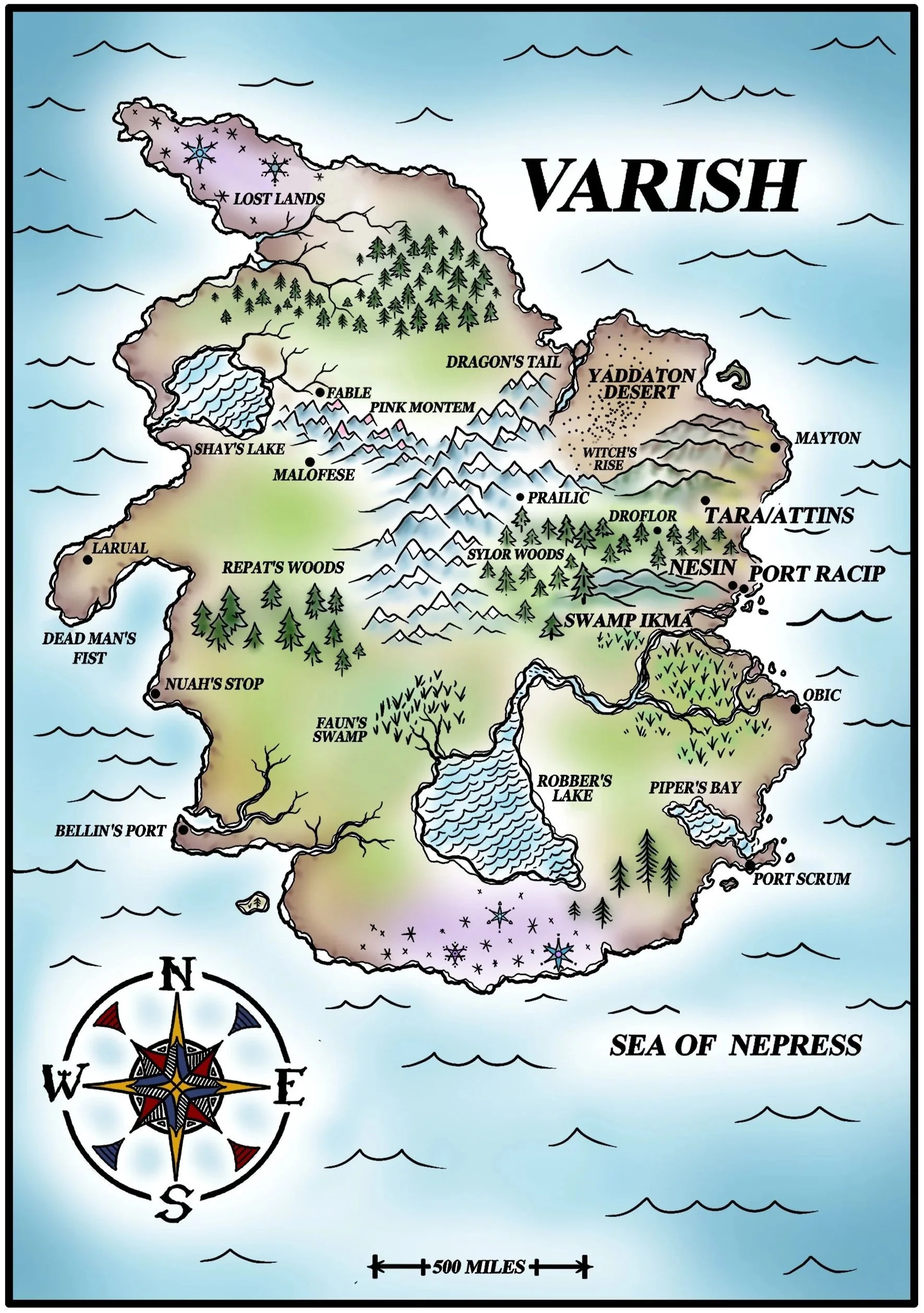 A fantasy map of an island called Varish, showing various regions and landmarks such as Lost Lands, Dragon's Tail, Mayton, Tarvattins, Port Racip, and Swamp Ikma. The map includes mountains, lakes, forests, and deserts with a compass rose indicating directions and a scale of 500 miles.