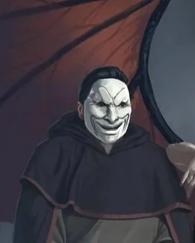 A person wearing a mask with a sinister smile, black cape, and dark clothing, holding a red and black flag.