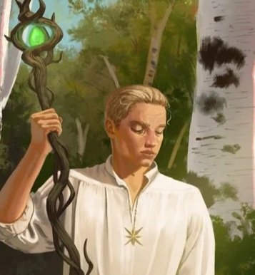 A young man with blond hair wearing a white shirt with a star pendant, holding a twisted staff with a glowing green orb, standing outdoors near a birch tree in a forested area.