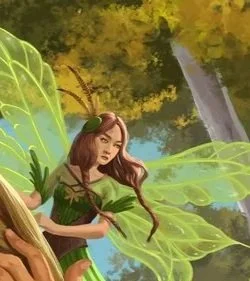 Illustration of a fairy with long red hair, green dress, and translucent green wings standing among large green leaves near a waterfall.