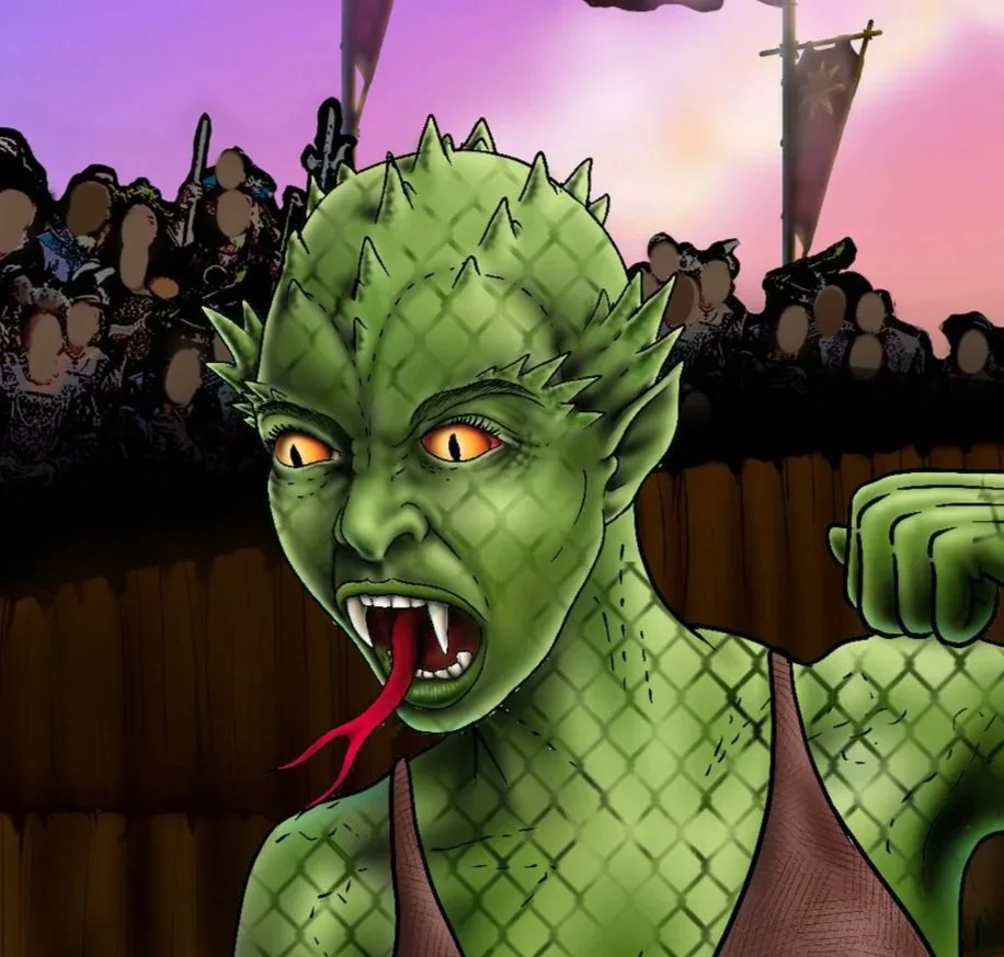 Cartoon depiction of a green, dragon-like creature with scales, sharp teeth, and orange eyes, shouting or roaring at a crowd of faceless spectators in an arena or theater setting during sunset.