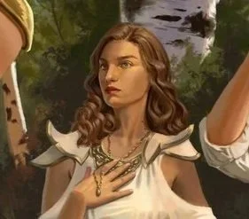 A woman with wavy brown hair wearing a white dress and a necklace, standing outdoors with trees in the background.