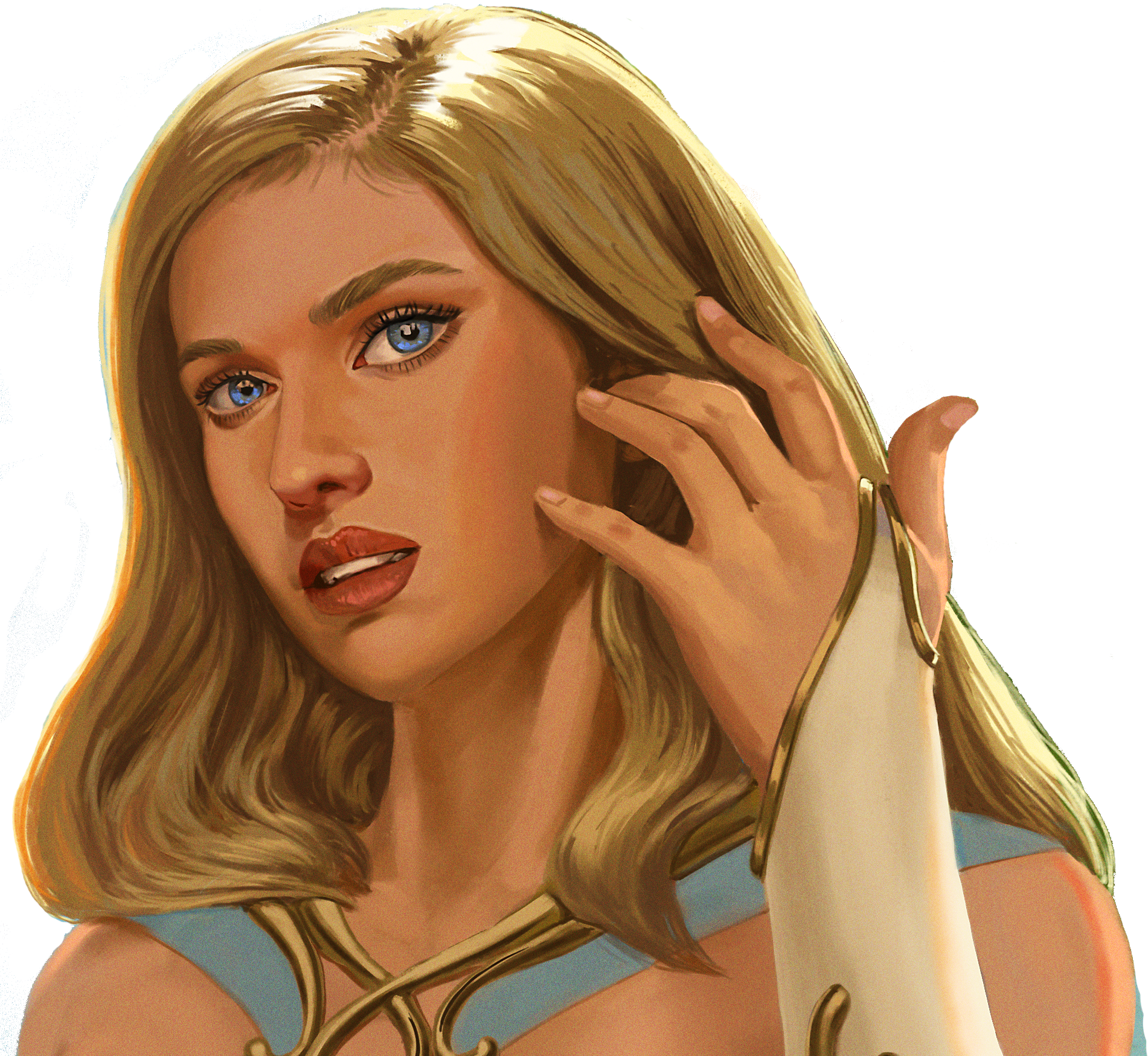 Digital illustration of a young woman with blond hair, blue eyes, and red lipstick posing with her hand near her face, wearing a dress with gold accents.