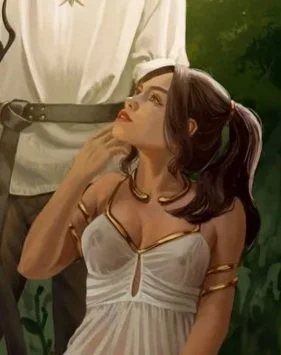 A woman with long dark hair in a ponytail, wearing a white dress with cutout details, sitting outdoors with greenery in the background, looking upward